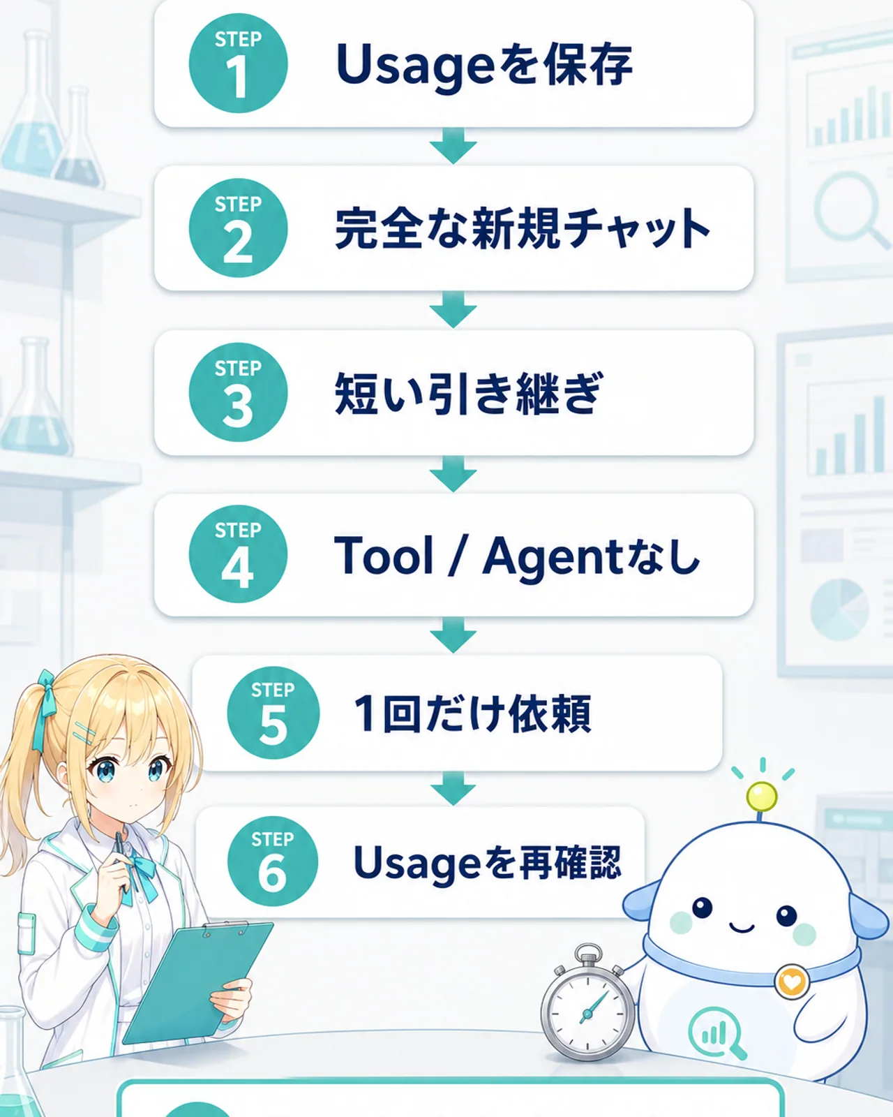 5時間枠リセット後に新規チャット、短い引き継ぎ、ツール停止、1回だけの比較テストを行う手順を示す図解