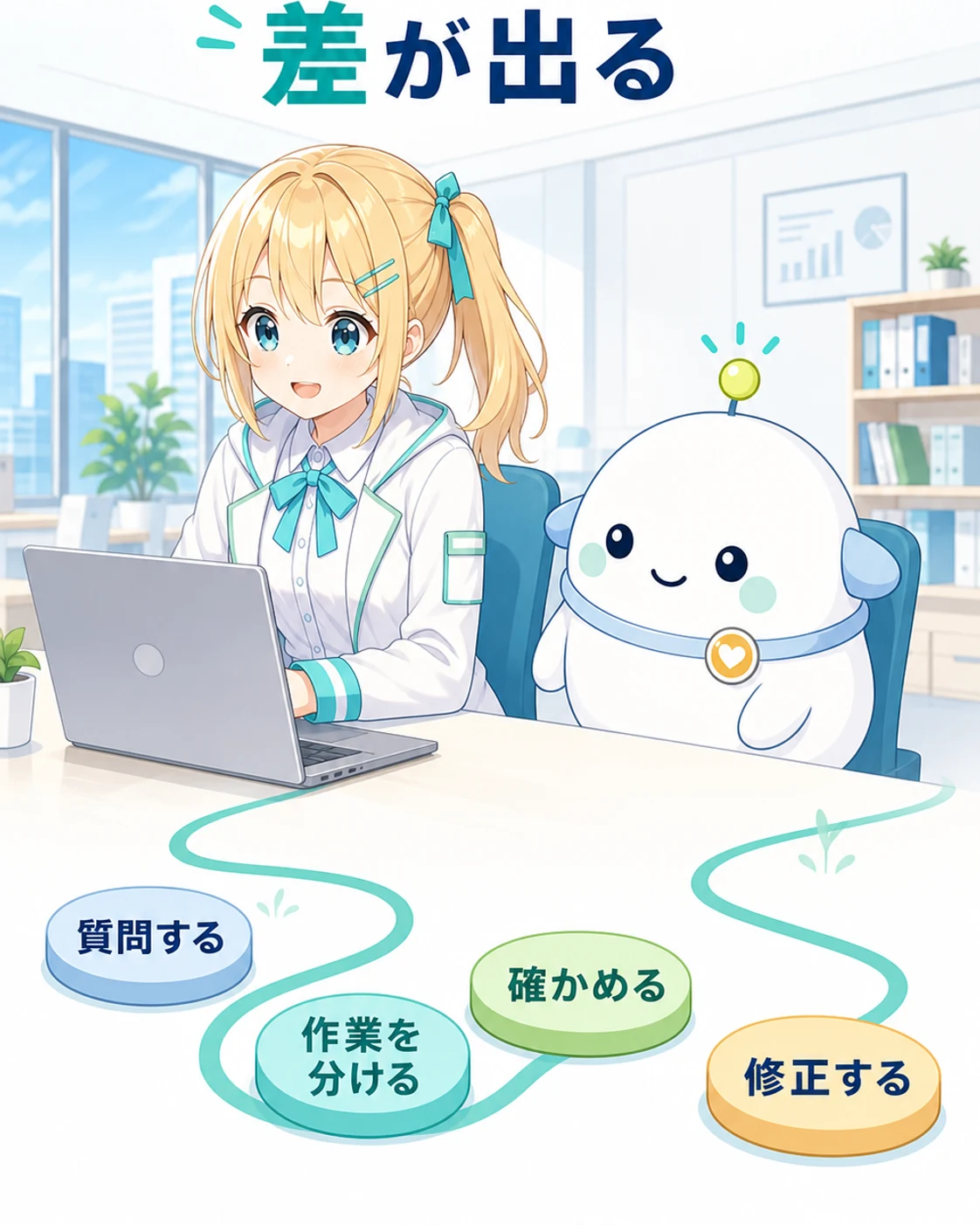 AI導入時に、質問、分解、検証、修正の経験が仕事での立ち上がりにつながる様子を示した図解