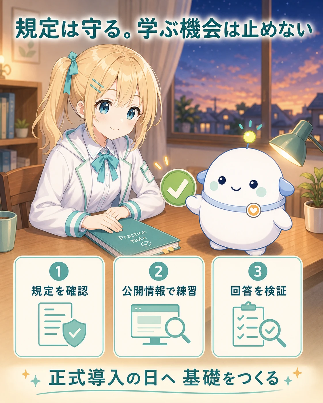 規定を守る、公開情報で練習する、回答を検証するという3つの結論をまとめた図解