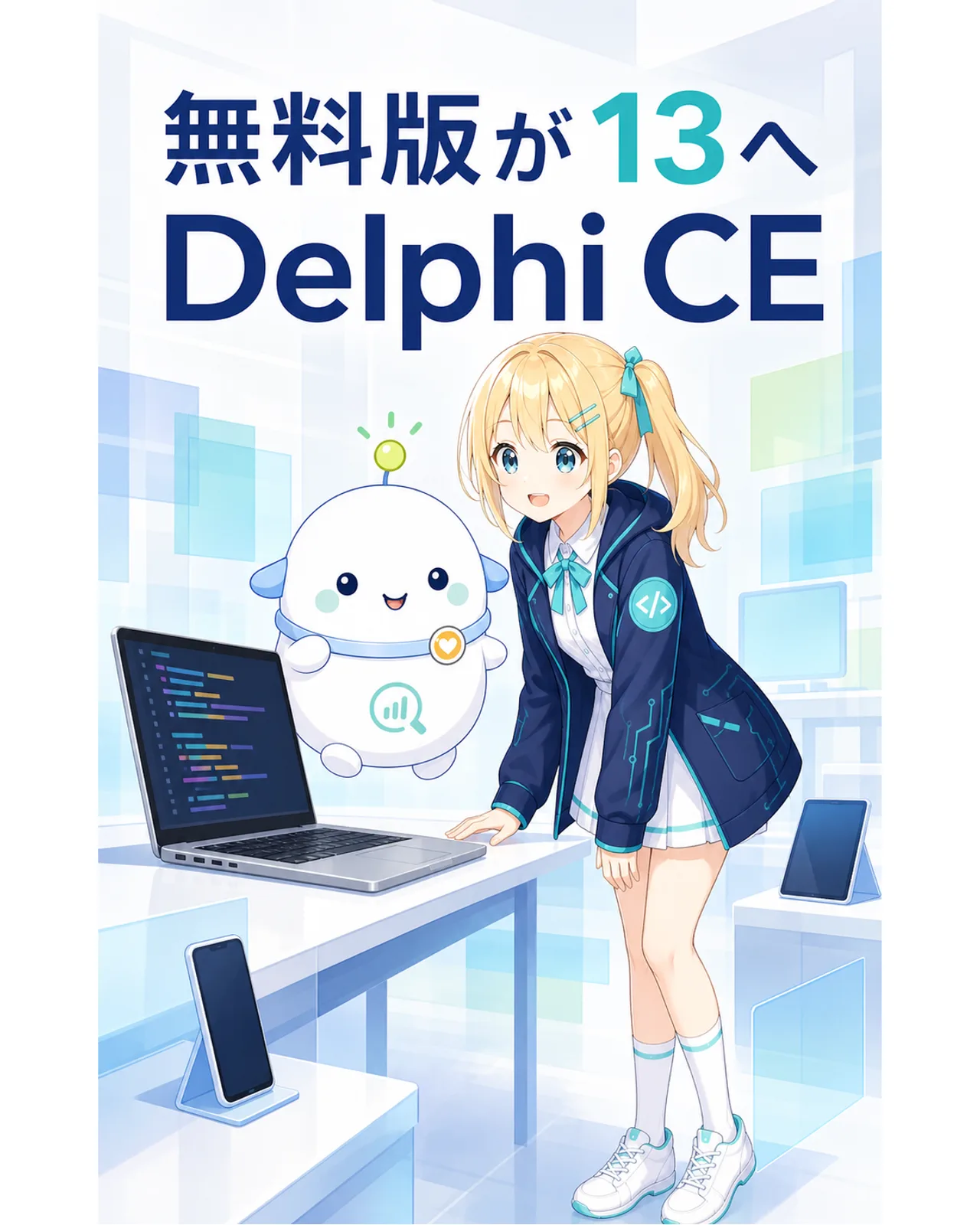Delphi Community Editionの無料版が13へ更新されたことを、開発机のひまりとらぼまるが喜ぶ場面で示す図解