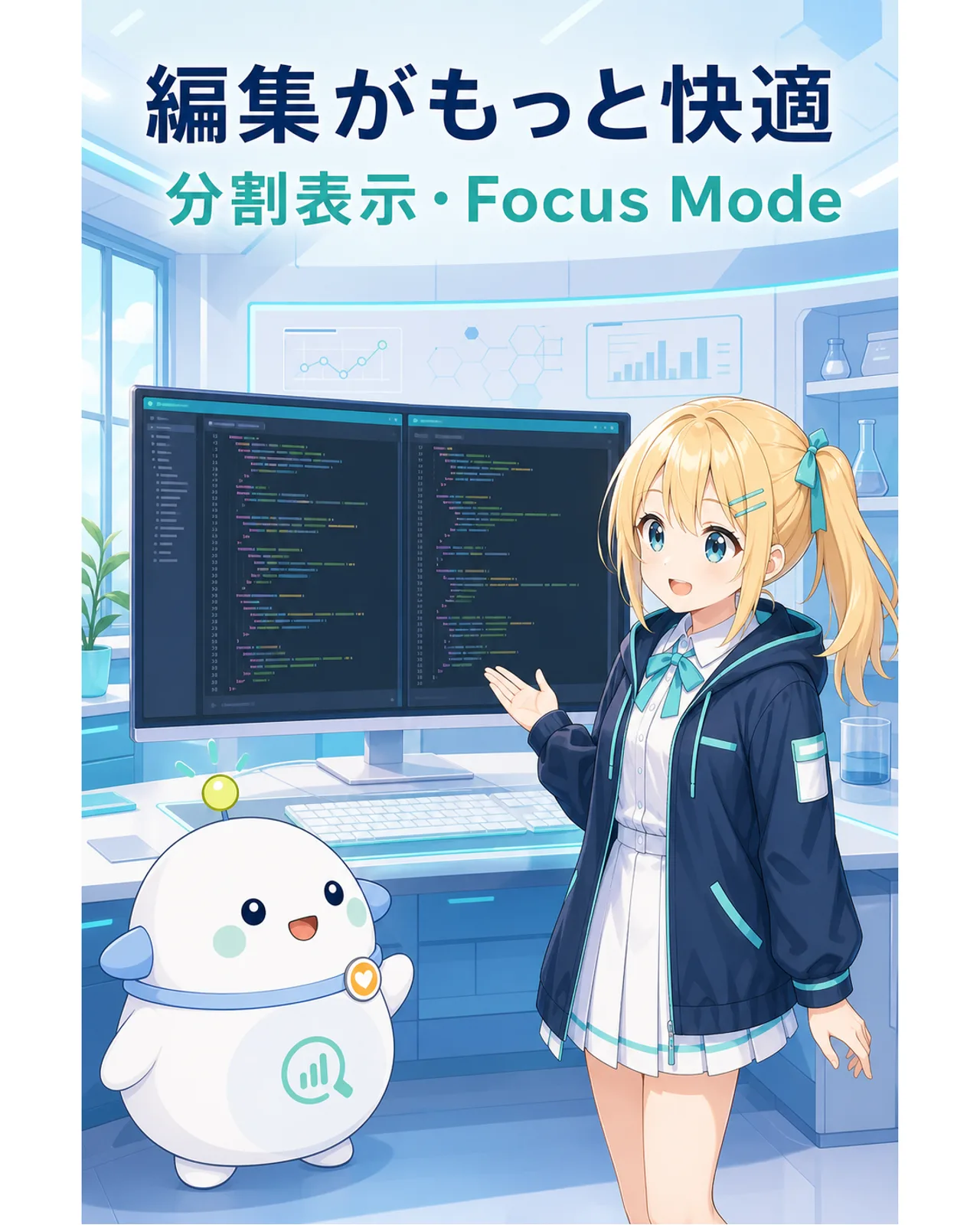 分割表示とFocus Modeでコード編集が快適になることを示す図解