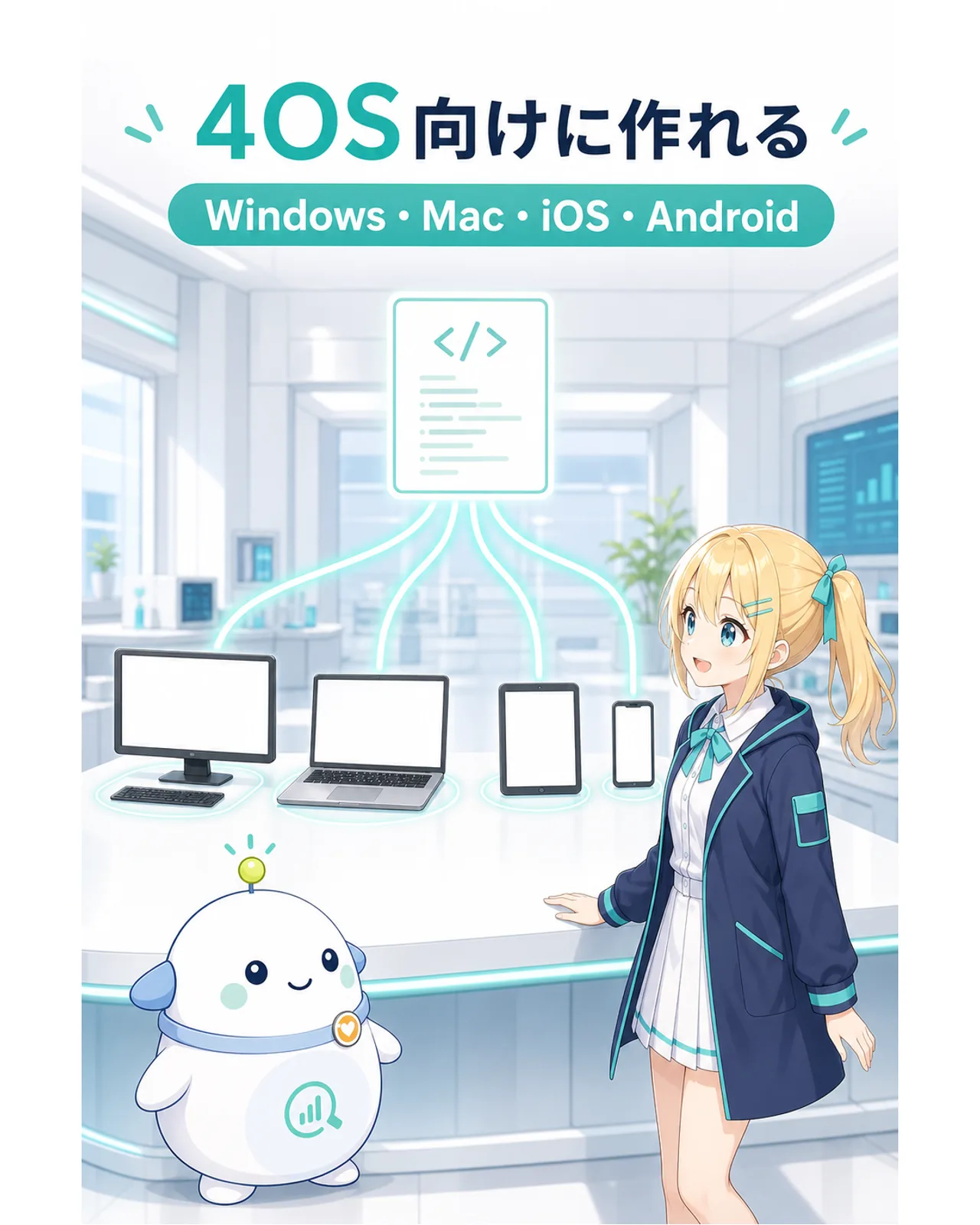 ひとつのコードからWindows、Mac、iOS、Android向けアプリを作れることを4種類の端末で示す図解