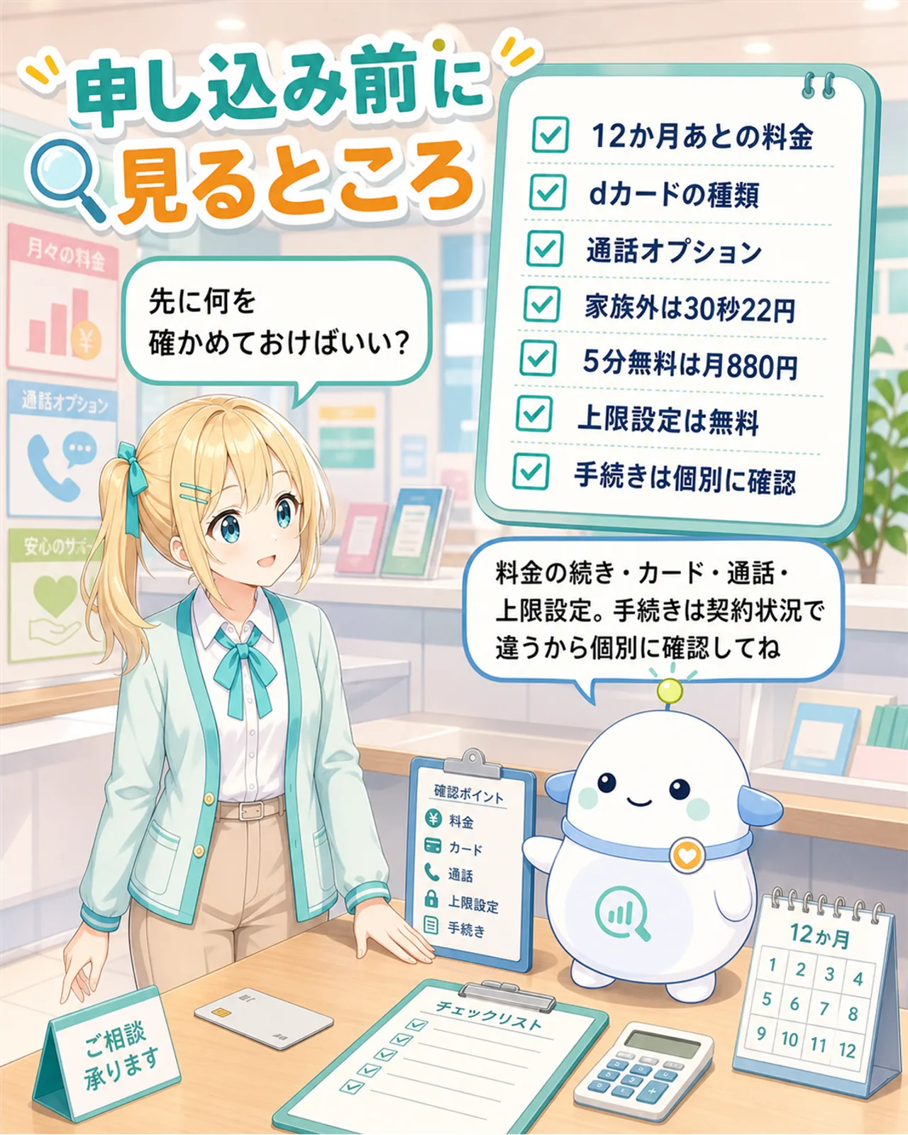「申し込み前に見るところ」のチェックリスト図解。12か月あとの料金、dカードの種類、通話オプション（家族外は30秒22円・5分無料は月880円）、上限設定は無料、手続きは個別に確認、の各点を整理。ひまりが『先に何を確かめておけばいい？』と問い、らぼまるが『料金の続き・カード・通話・上限設定。手続きは契約状況で違うから個別に確認してね』と案内する構図