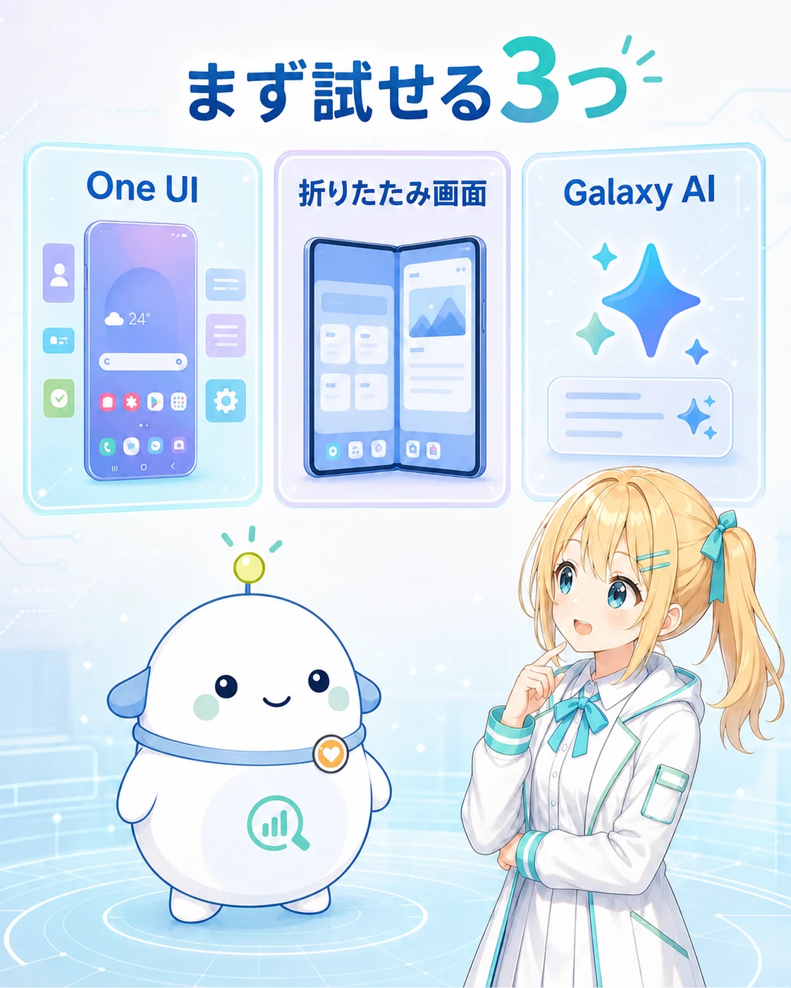 One UI、折りたたみ画面、Galaxy AIの3つを見比べるひまりとらぼまるの図解