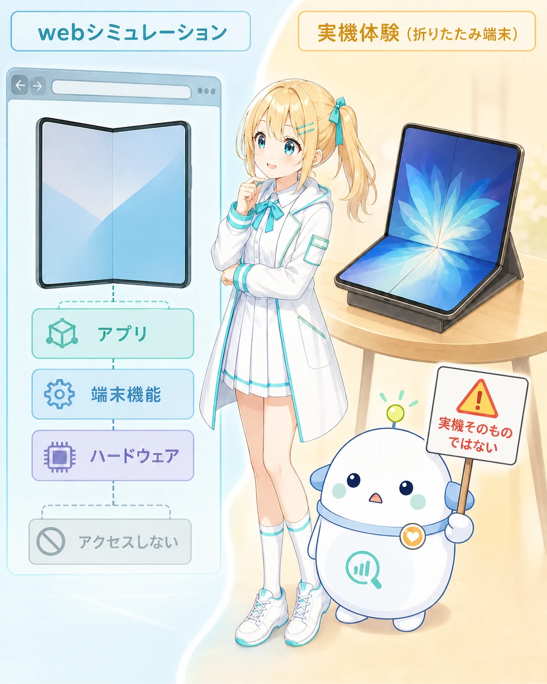 Web画面と実機を分け、アプリ、端末機能、ハードウェアへアクセスしないことを示す図解