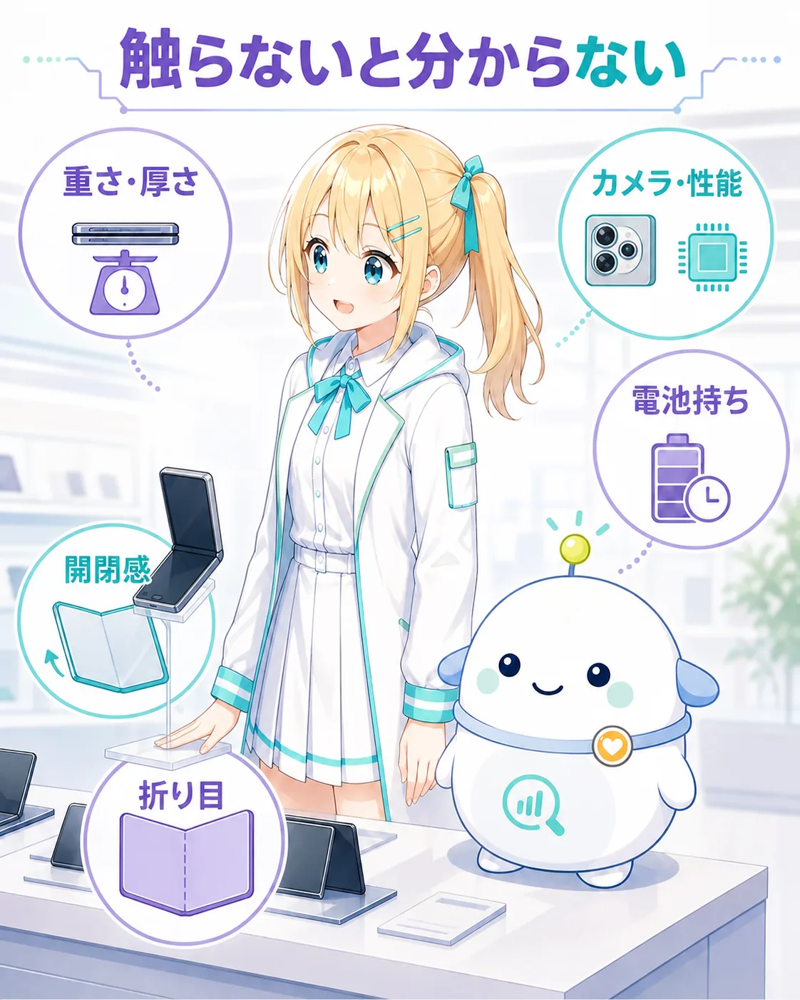 店頭の折りたたみ端末で重さ、厚さ、開閉感、折り目、カメラや性能、電池持ちを確認する図解