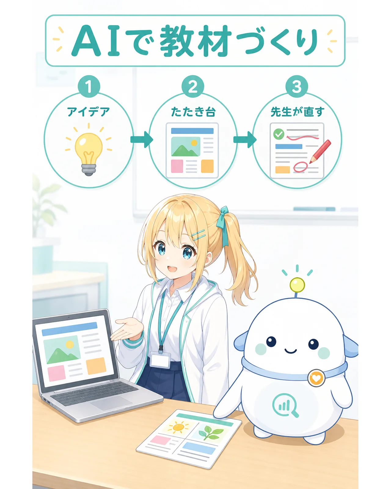 AIで教材づくりの流れ。先生のアイデア、AIのたたき台、先生が直す、の3段階を矢印で整理し、ひまりとらぼまるがノートPCと教材カードを確認している図解