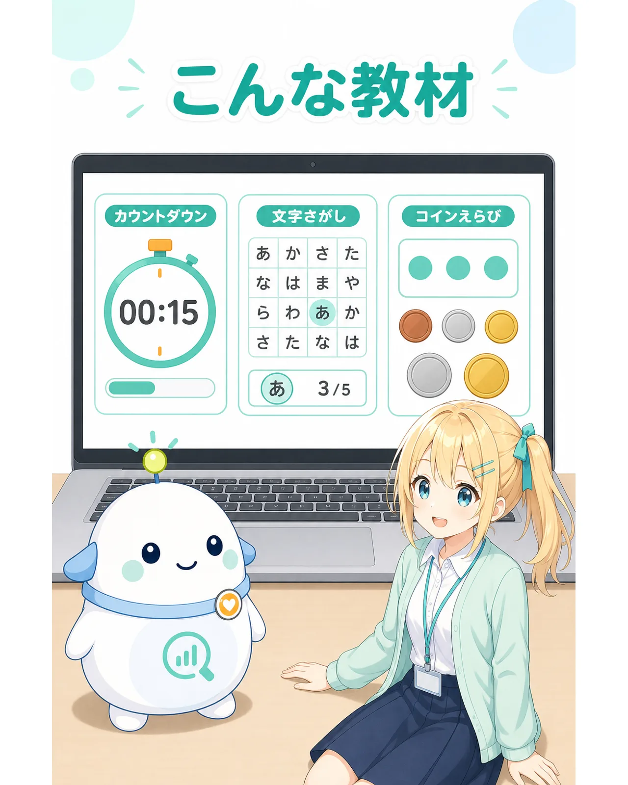 こんな教材、の図解。ノートPC画面にカウントダウン、文字さがし、コインえらびの3例が並び、ひまりとらぼまるが試作品を確認している