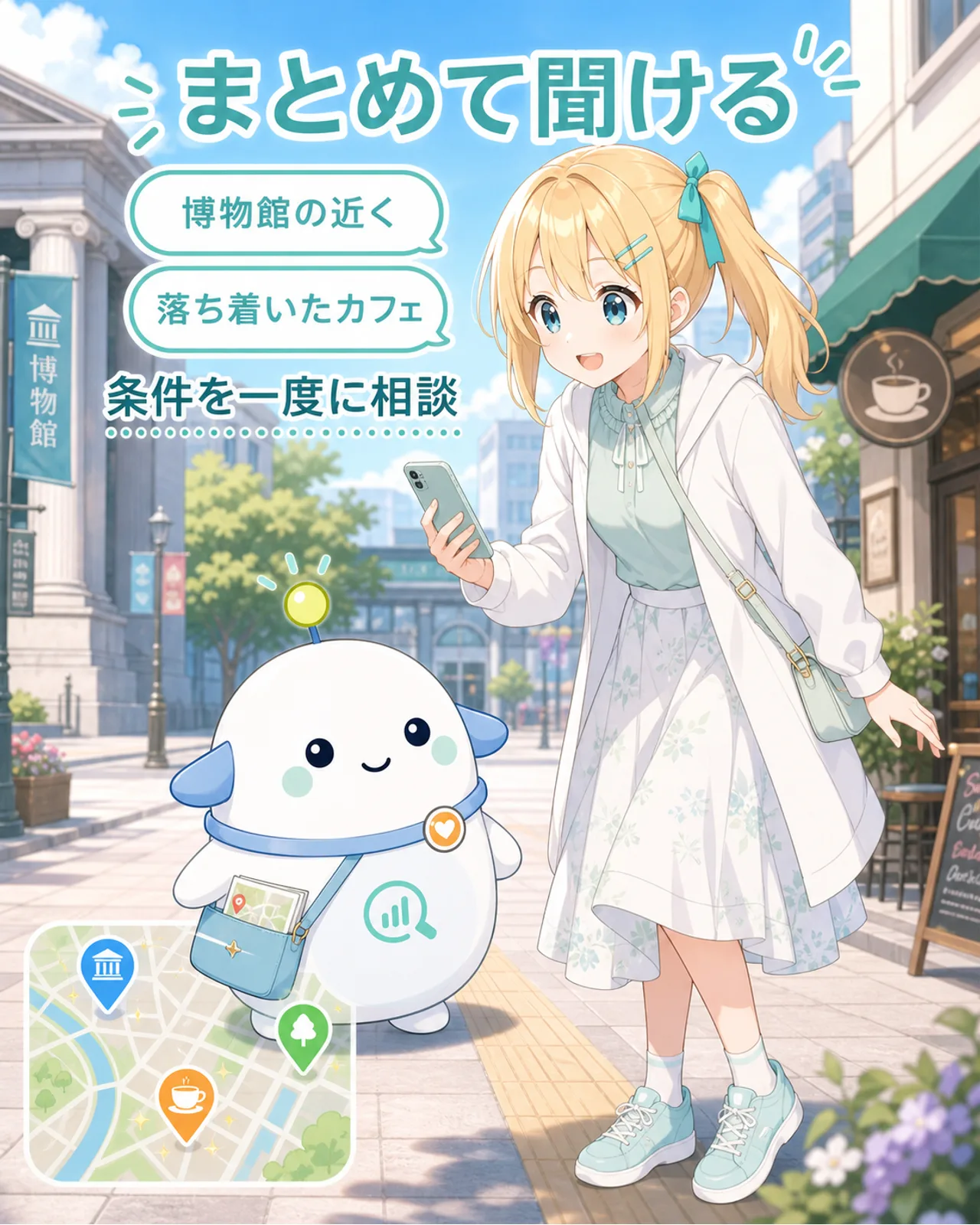 「まとめて聞ける」の図解。『博物館の近く』『落ち着いたカフェ』などの条件を一度に相談できることを整理。ひまりがスマホに軽く話しかけ、地図上に候補ピンが複数出て、らぼまるが横で確認する構図