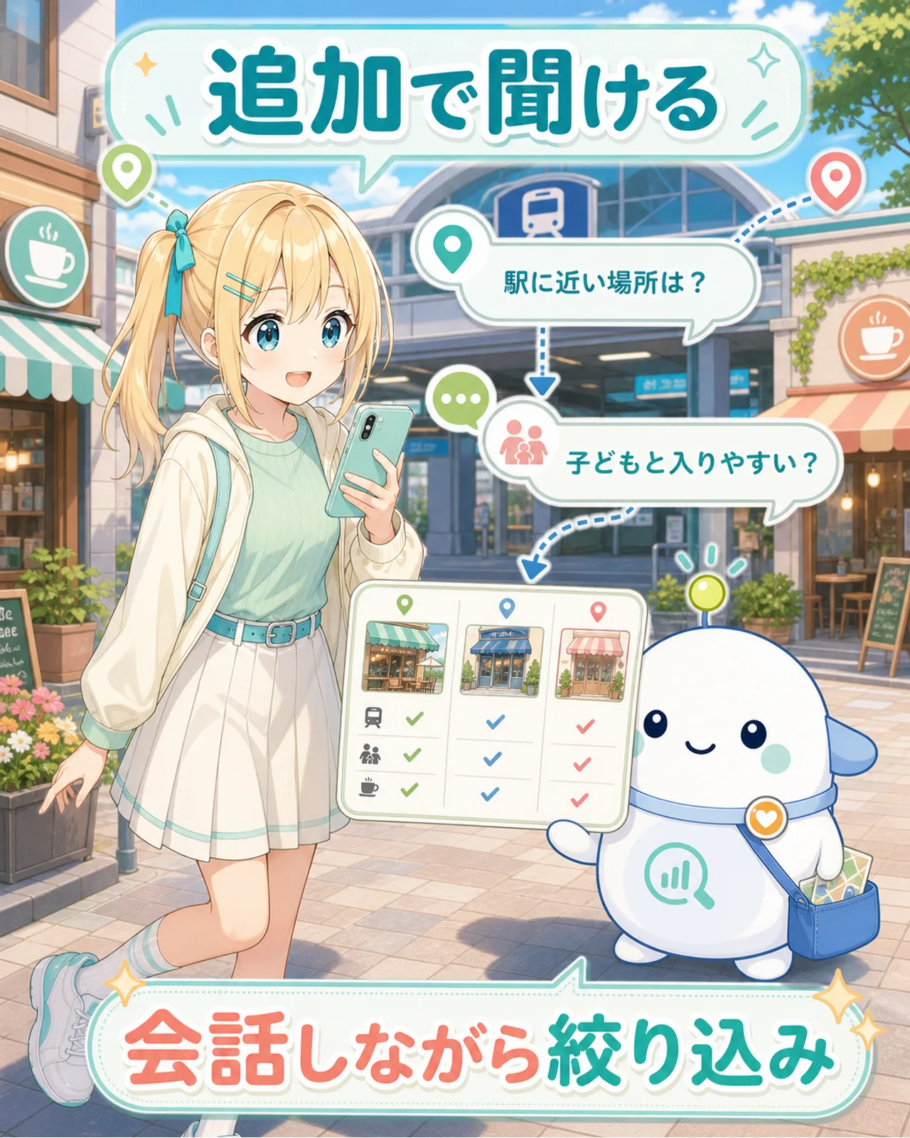 「追加で聞ける」の図解。『駅に近い場所は?』『子どもと入りやすい?』と再質問しながら、会話しながら絞り込みできることを整理。ひまりが候補カードを見比べて再質問し、らぼまるが比較ボードを示す構図