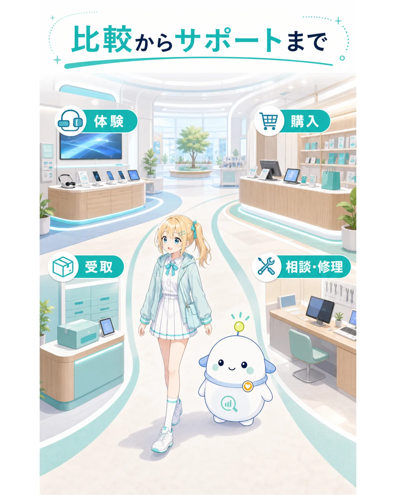 比較からサポートまでとして体験、購入、受取、相談と修理の4つを店内の動線で示す図解