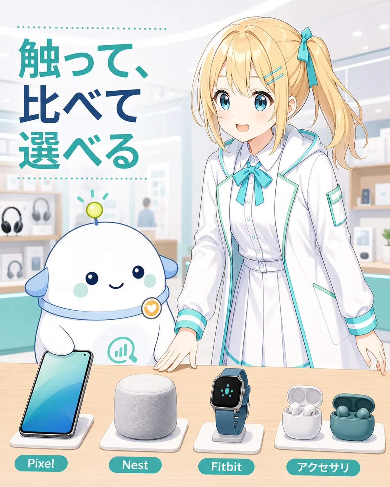 触って比べて選べるとしてPixel、Nest、Fitbit、アクセサリを展示台で見比べるひまりとらぼまるの図解