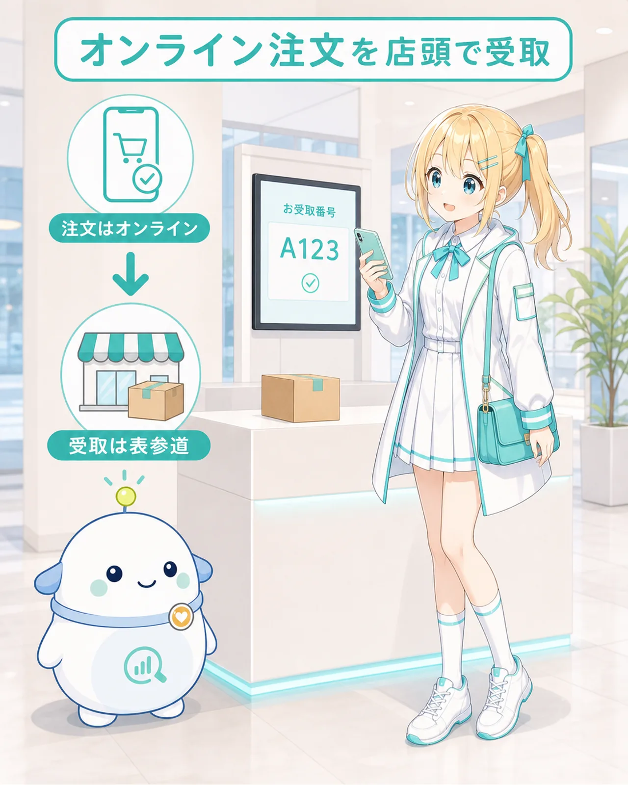 オンライン注文を店頭で受取として、注文はオンライン、受取は表参道の流れを示す図解