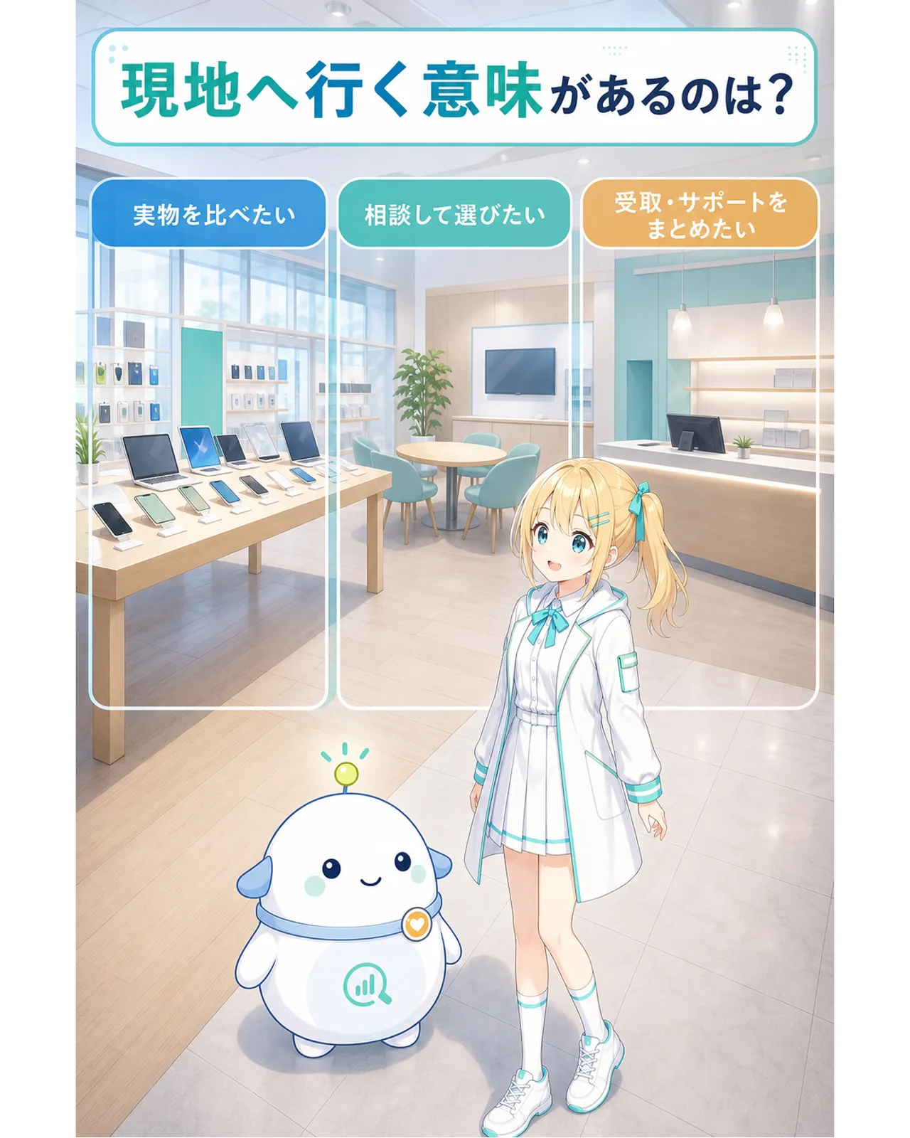 現地へ行く意味があるのはとして、実物を比べたい、相談して選びたい、受取とサポートをまとめたいの3つを示す図解
