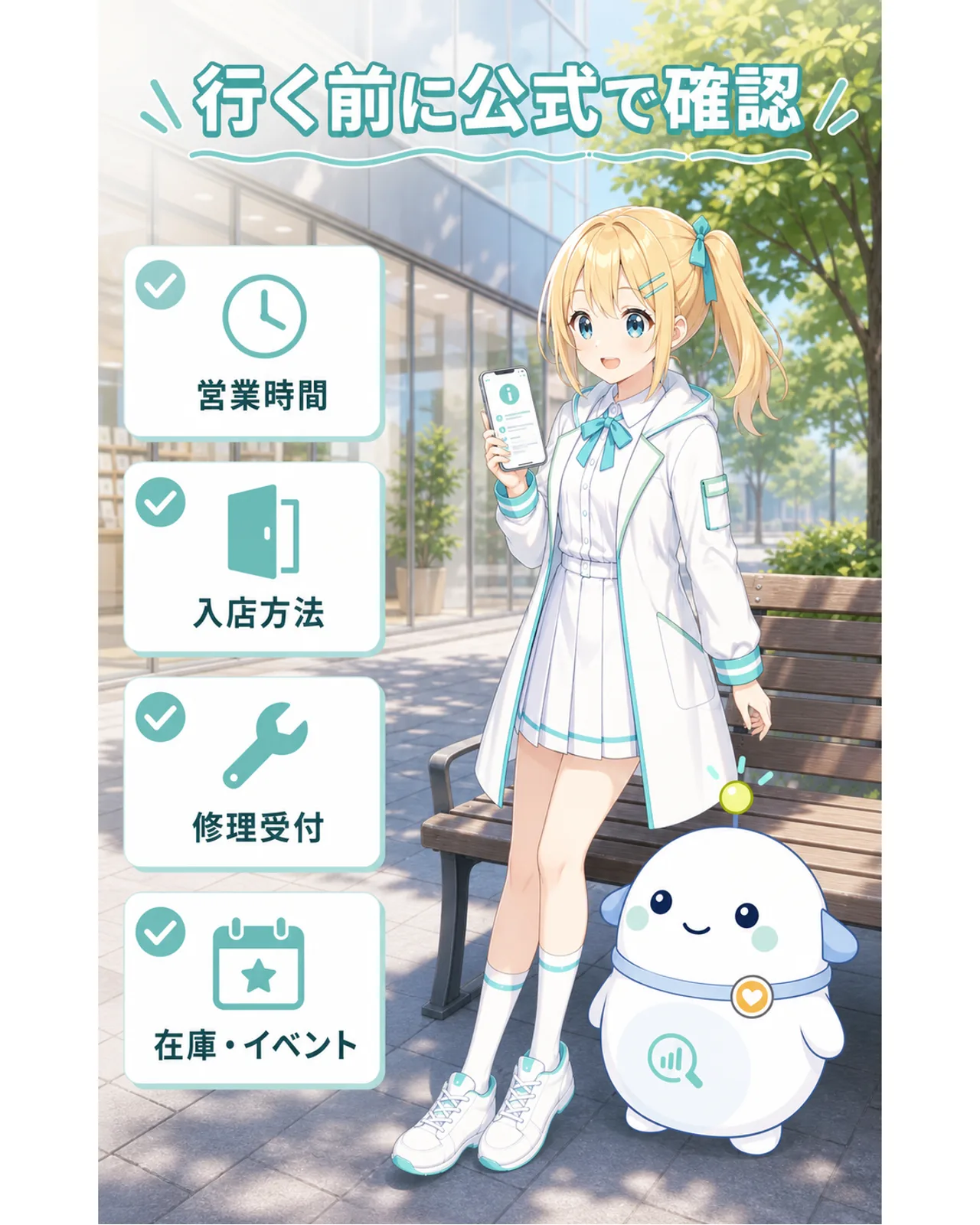行く前に公式で確認として、営業時間、入店方法、修理受付、在庫とイベントを示すチェック図解