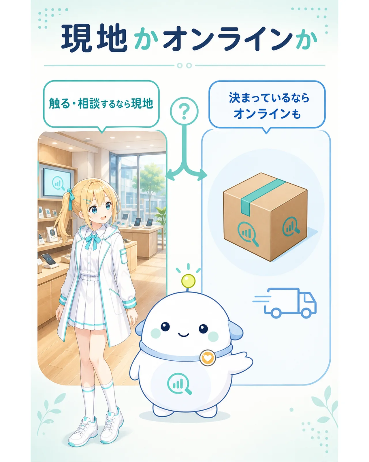 現地かオンラインかとして、触る・相談するなら現地、買う物が決まっているならオンラインも選べることを示す図解