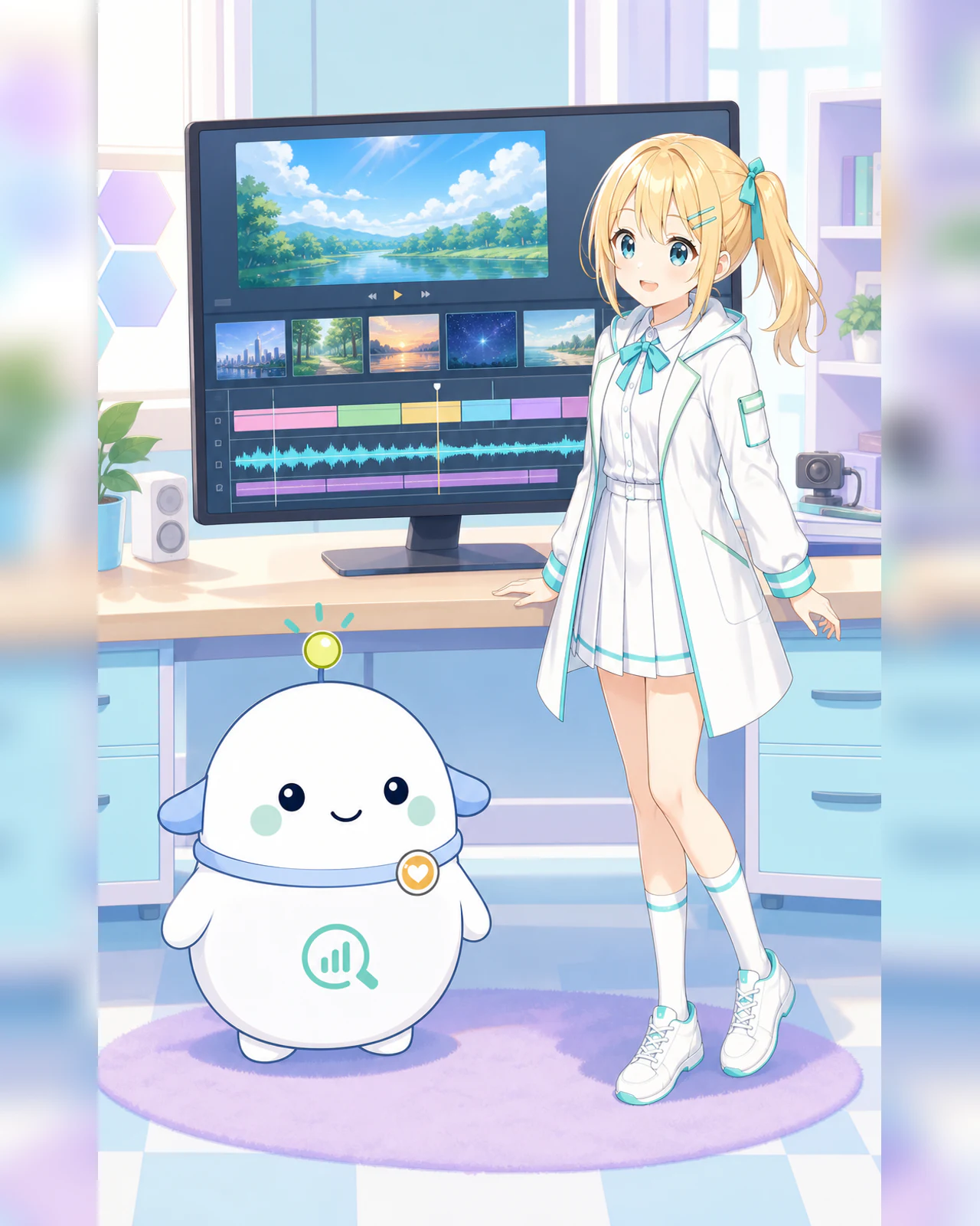 動画編集タイムラインを母艦として短い素材をつなぐ、ひまりとらぼまるのイラスト