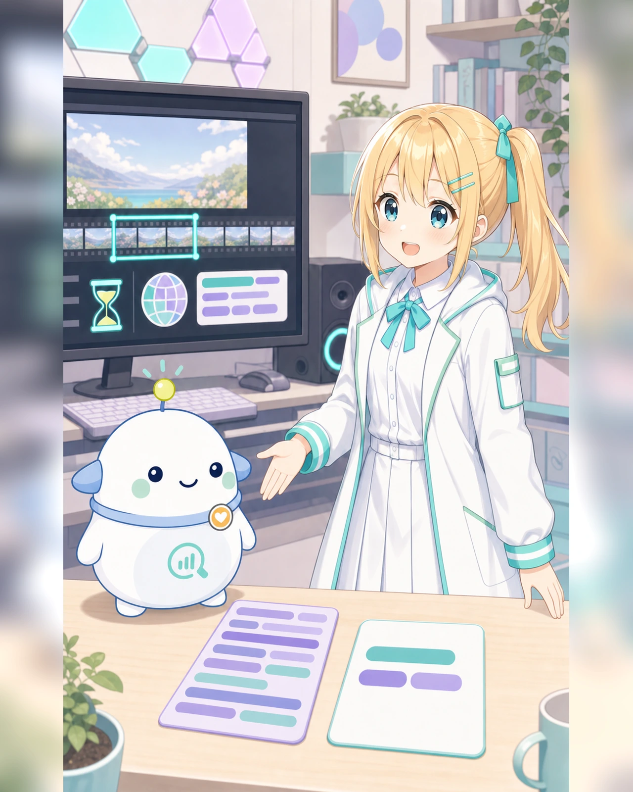 短い動画クリップと簡潔なプロンプトを確認するひまりとらぼまるのイラスト