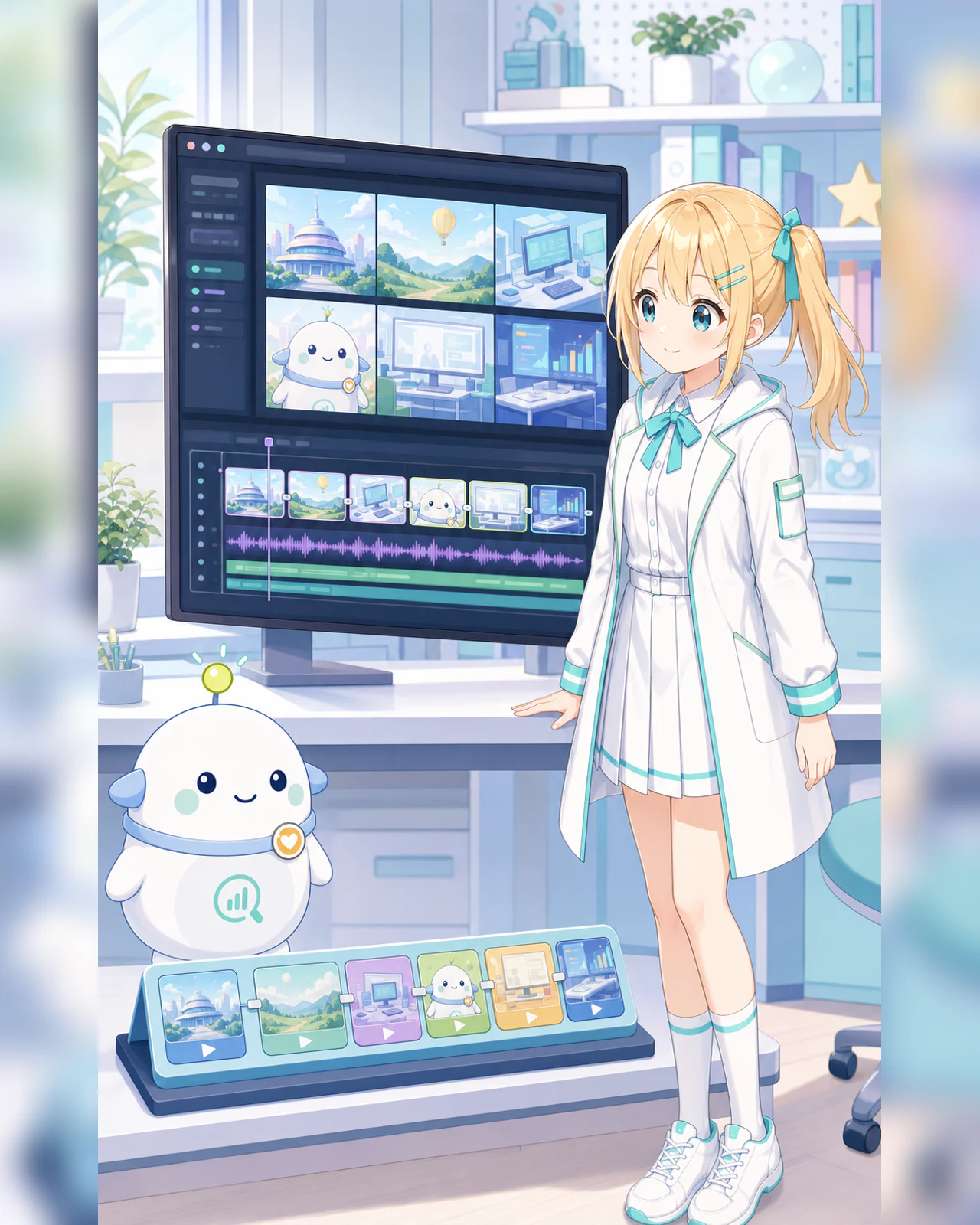複数の短い動画クリップをタイムラインにつなぐひまりとらぼまるのイラスト