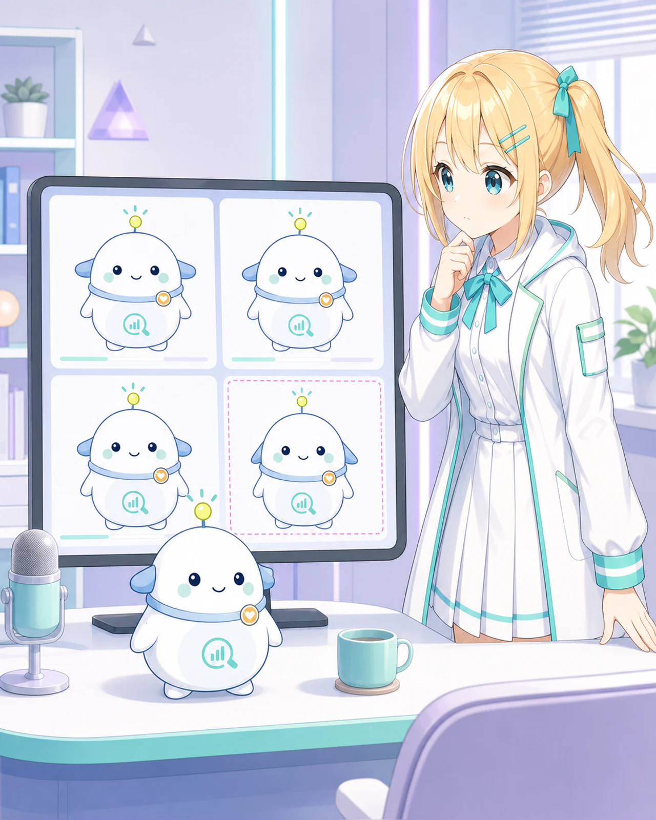 動画クリップごとのキャラクターの顔を見比べるひまりとらぼまるのイラスト