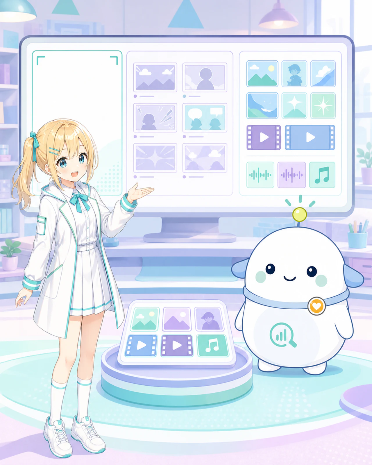 白紙、テンプレート、手持ち素材から動画制作の始め方を選ぶひまりとらぼまるのイラスト