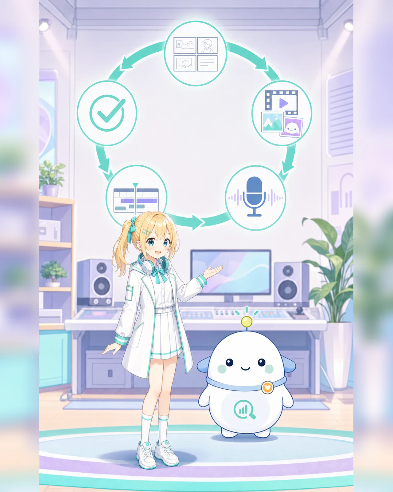 企画、素材作り、組み立て、品質確認の流れを整理するひまりとらぼまるのイラスト