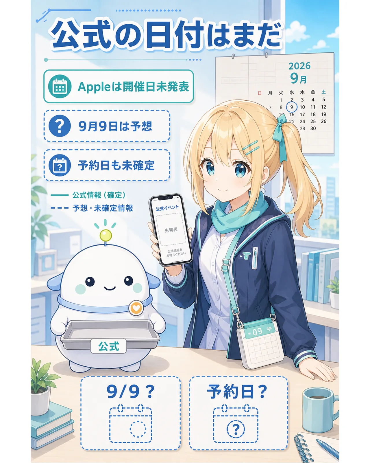 公式の日付はまだ、の図解。Appleは開催日未発表、9月9日は予想、予約日も未確定、と整理。ひまりが公式イベント欄を確認し、らぼまるが空の公式トレーを示す