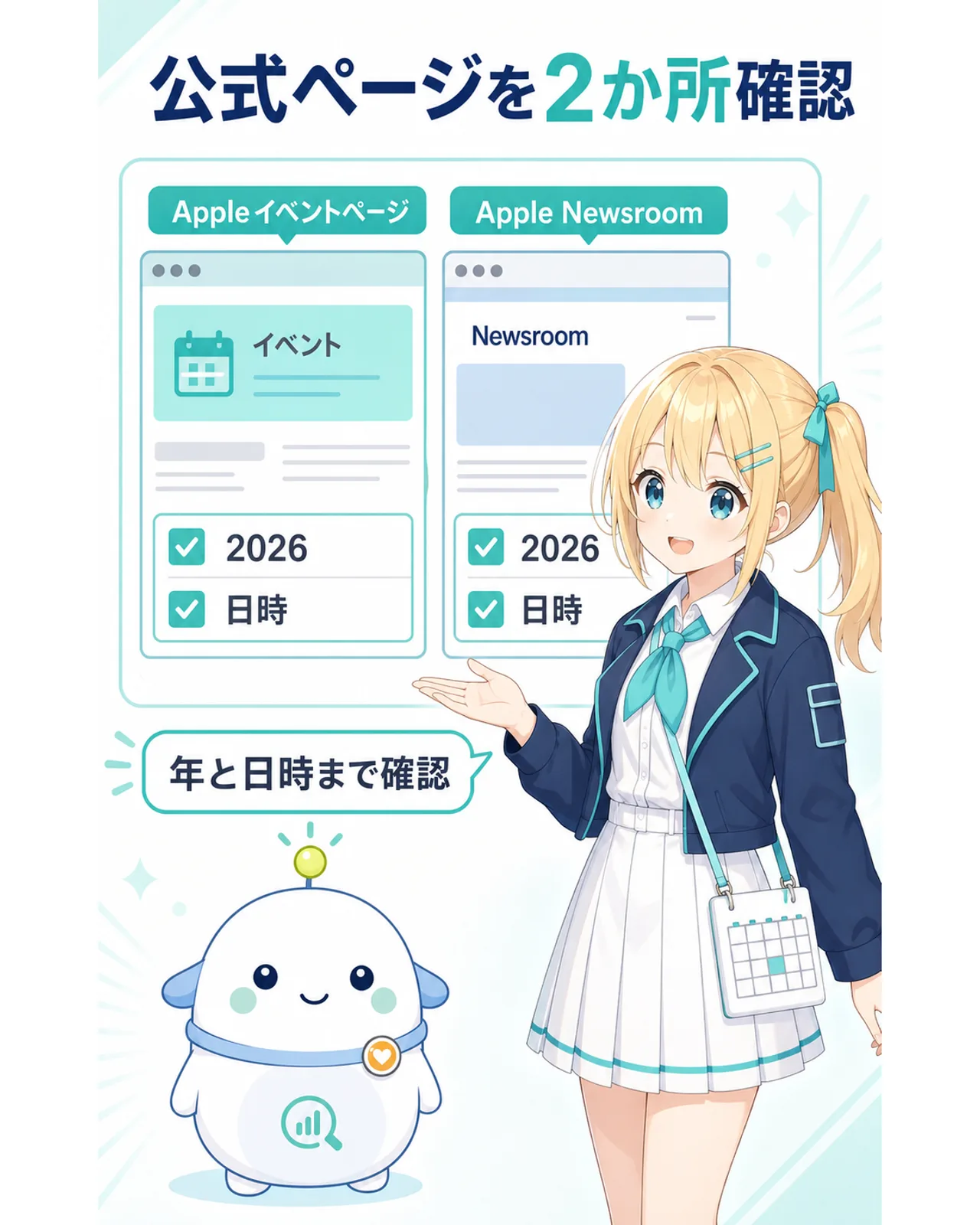 公式ページを2か所確認、の図解。AppleイベントページとApple Newsroomで、2026年と日時を確認する流れを示す