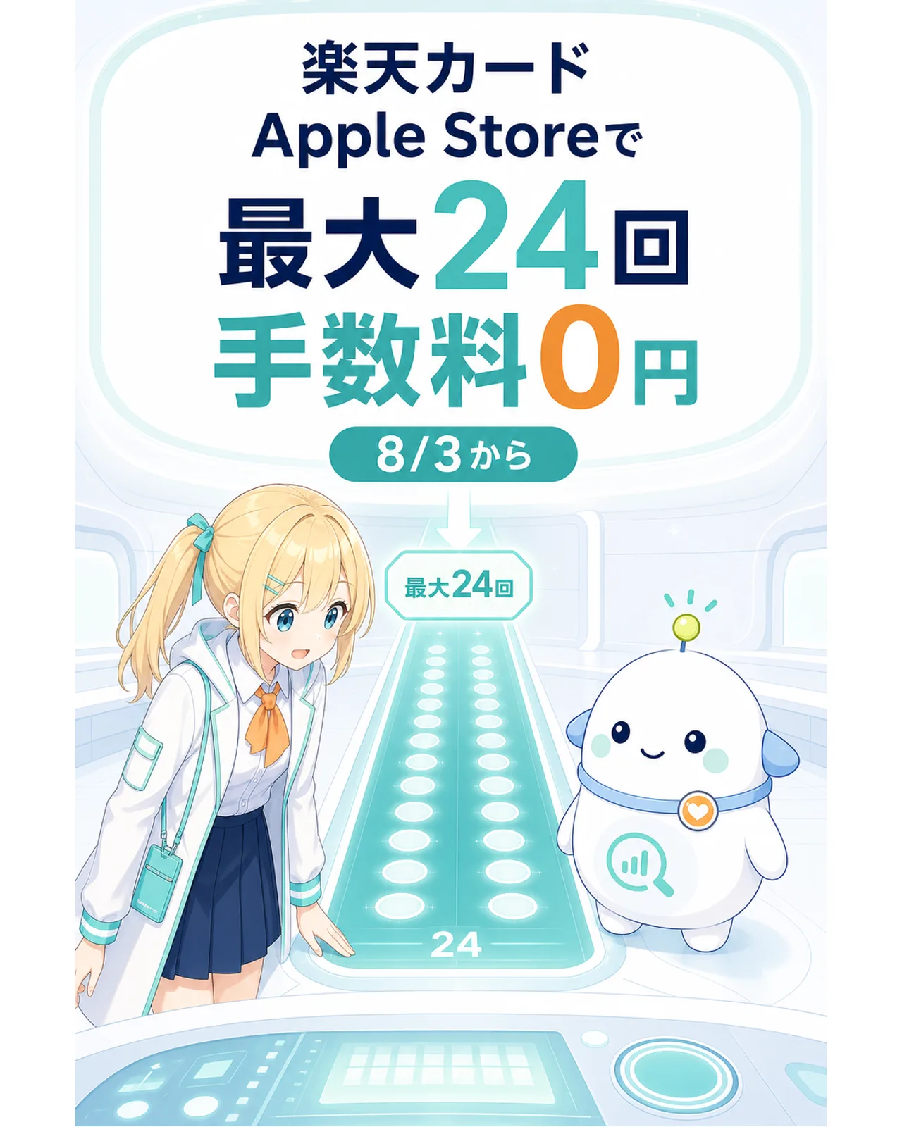 Apple Storeで楽天カードの分割払い手数料が最大24回まで0円になったことを、会計レーンに立つひまりとらぼまるが案内する図解