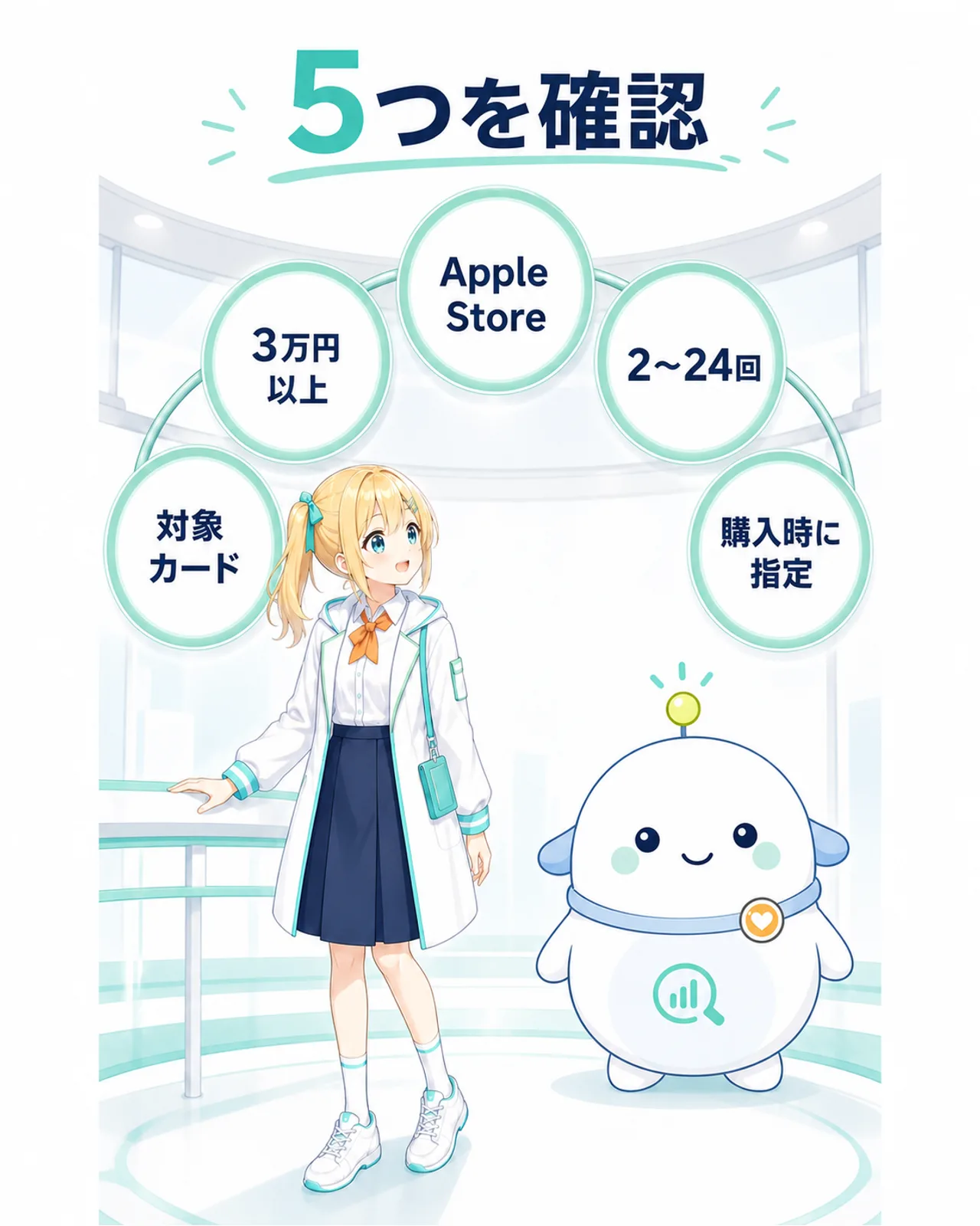 場所、3万円以上、対象カード、対象回数、購入時の指定という5条件を、案内ボードの前でひまりとらぼまるが確認する図解