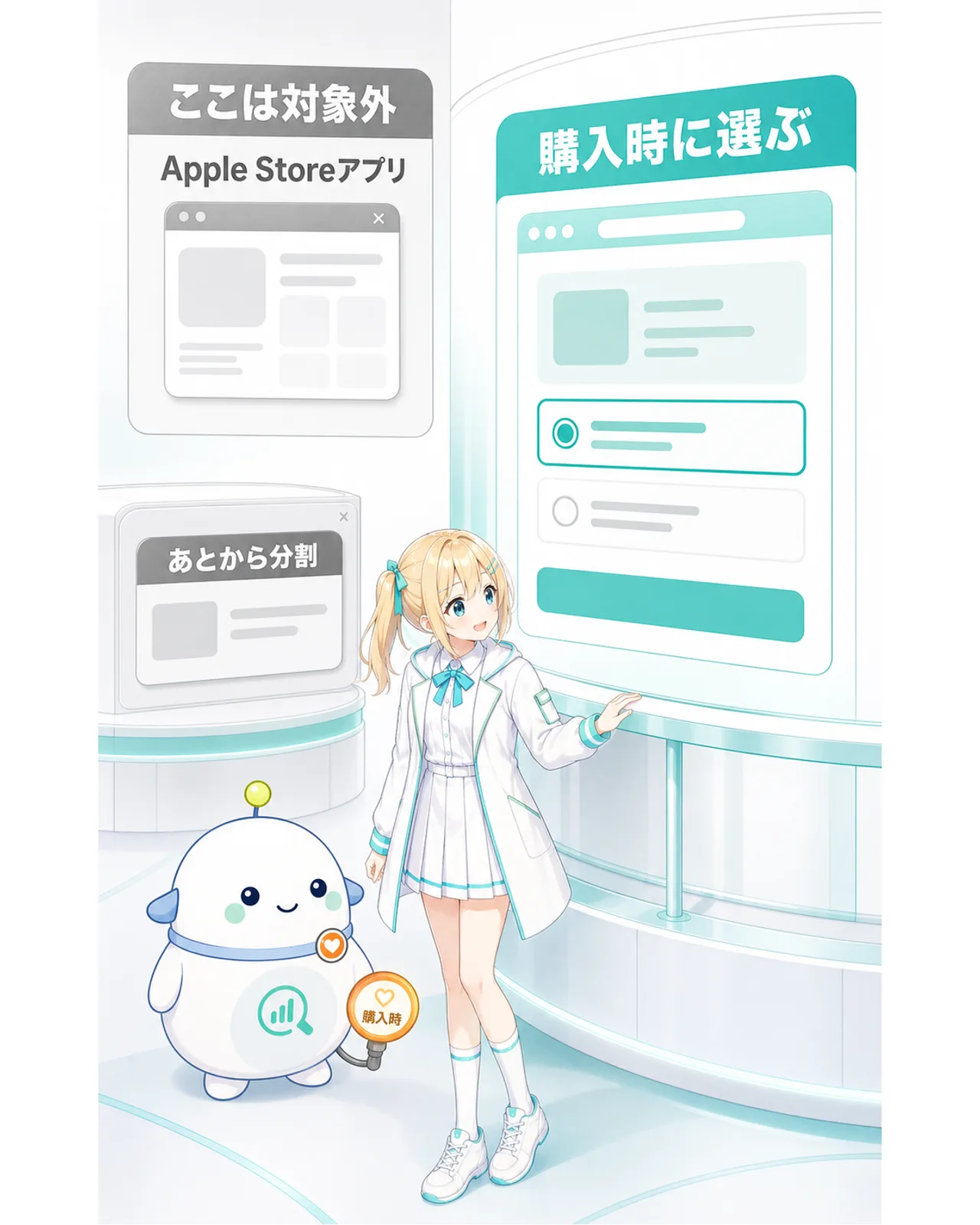 Apple Storeアプリと購入後のあとから分割は対象外で、ブラウザや対象店舗で購入時に回数指定が必要だと示す分岐路の図解