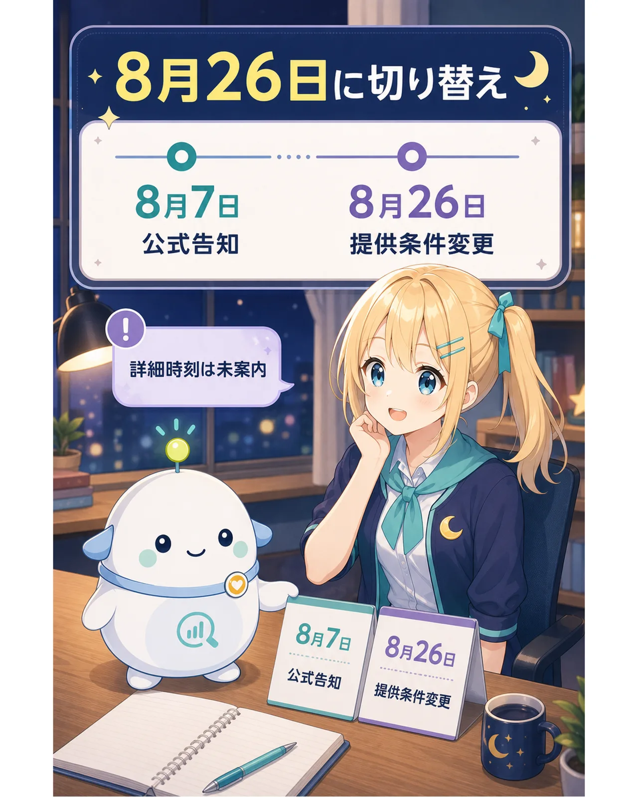 8月26日に切り替え、の図解。8月7日に公式告知、8月26日に提供条件変更、詳細時刻は未案内と示す