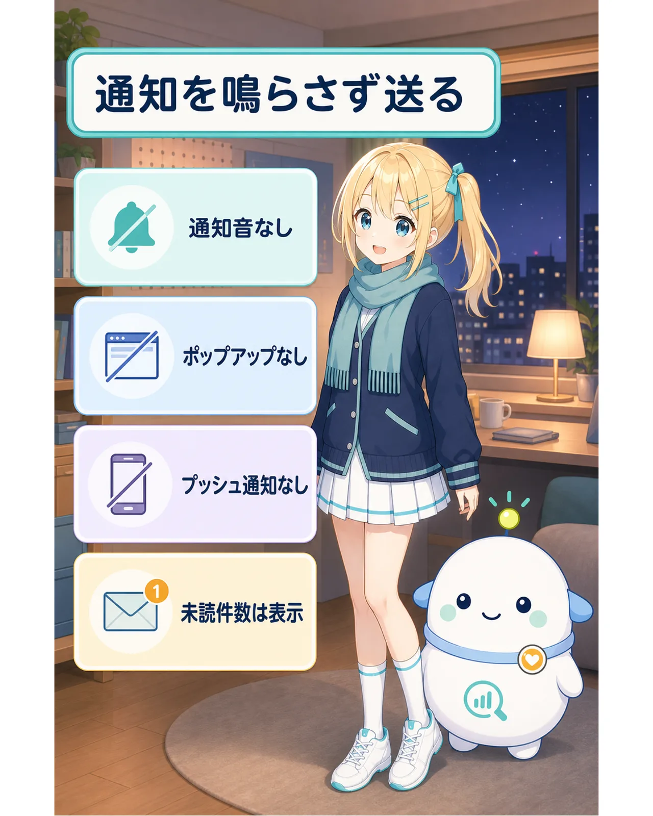 通知を鳴らさず送る、の図解。通知音、ポップアップ、プッシュ通知は出さず、未読件数は表示されると整理