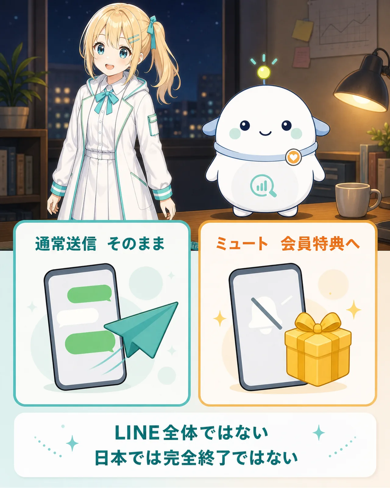 LINE全体ではない、の図解。通常送信はそのまま、ミュートは会員特典へ移り、日本では完全終了ではないと整理