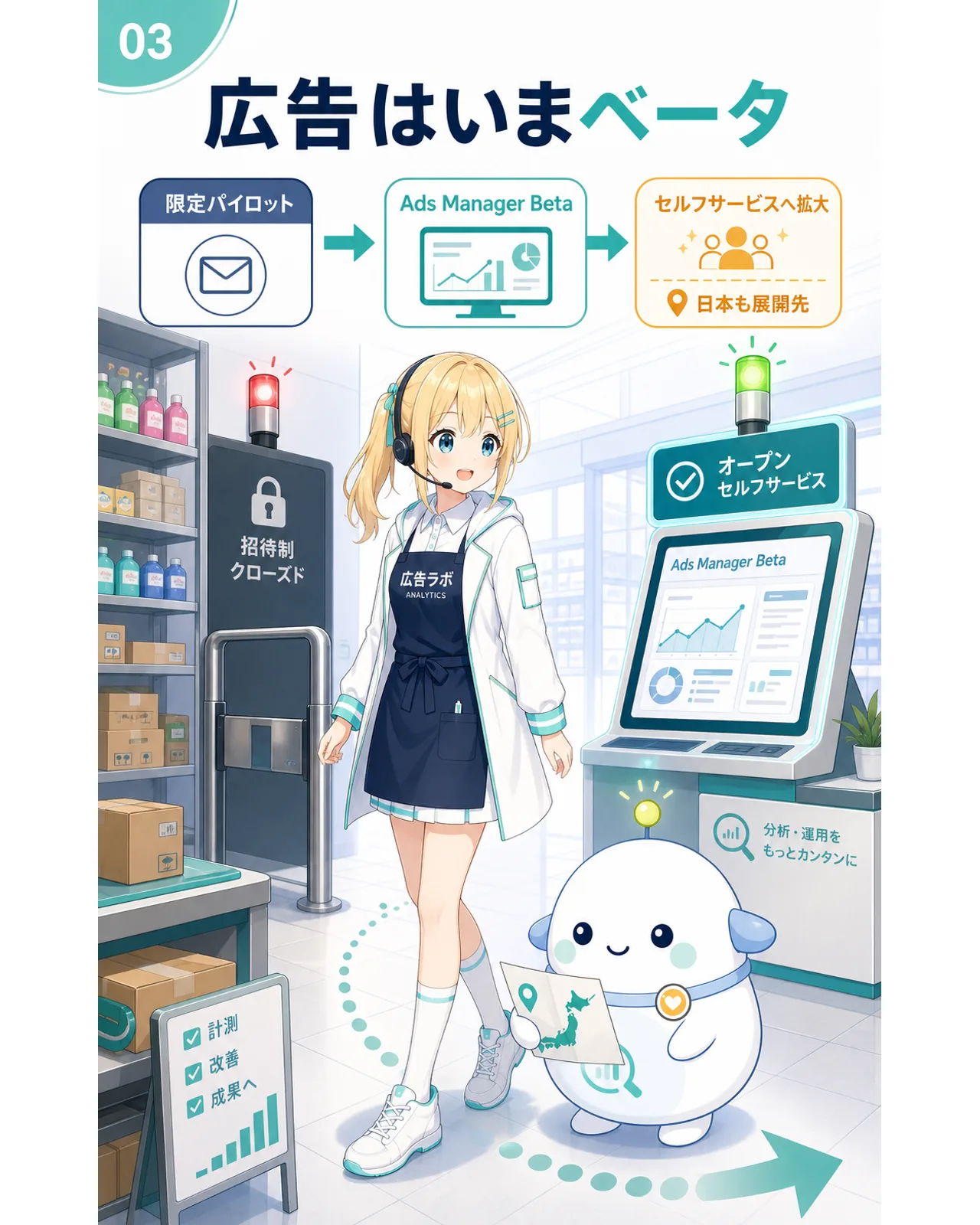 広告はいまベータ、の図解。限定パイロットからAds Manager Beta、セルフサービスへ拡大し、日本も展開先と示す