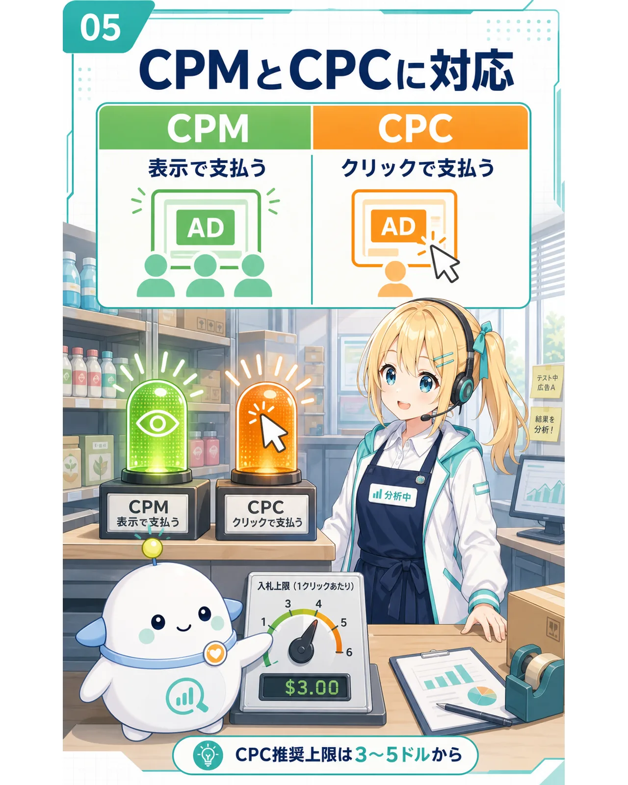 CPMとCPCに対応、の図解。CPMは表示で支払い、CPCはクリックで支払い、CPC推奨上限は3〜5ドルからと示す