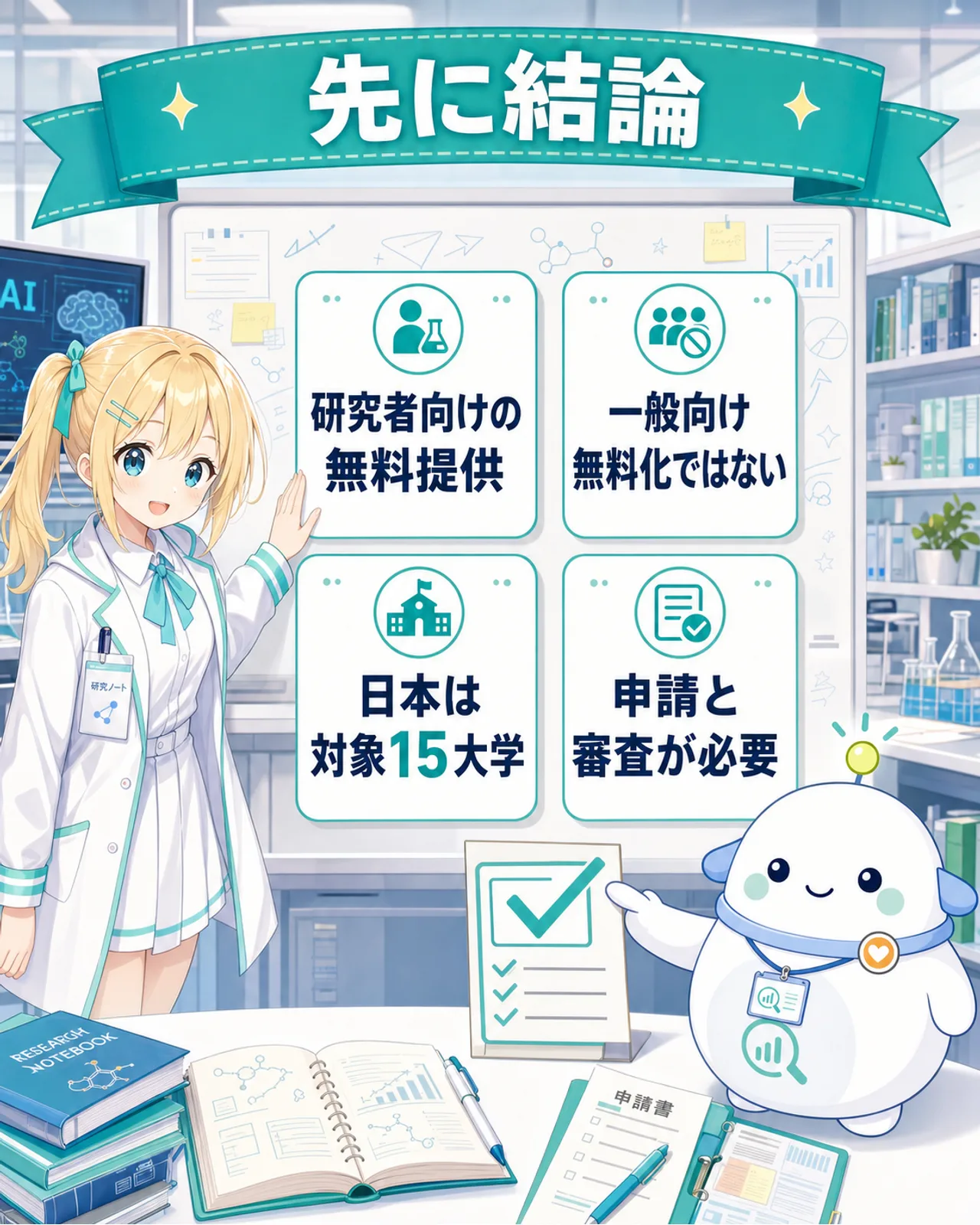 研究者向け無料提供であり一般向け無料化ではないこと、日本15大学が対象で申請と審査が必要なことを示す図解