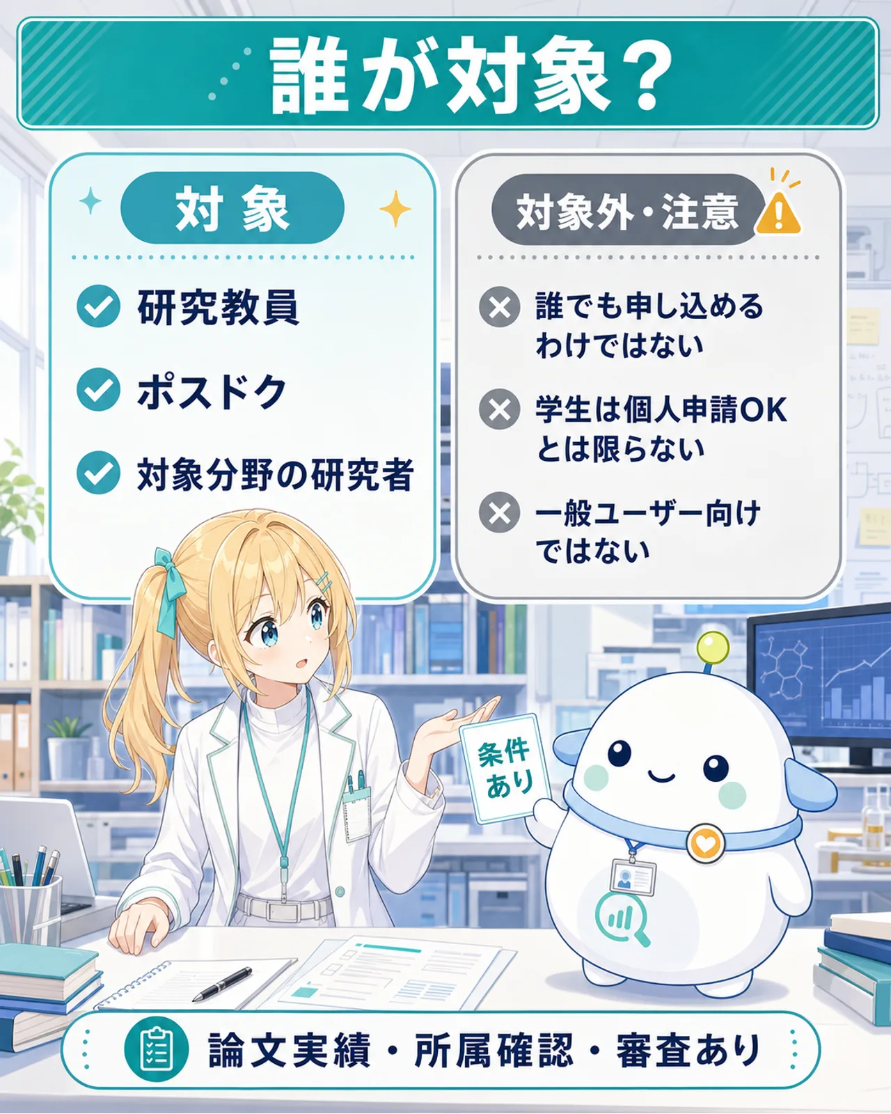 対象は研究教員、ポスドク、対象分野の研究者で、誰でも申し込める一般向け制度ではないと示す図解