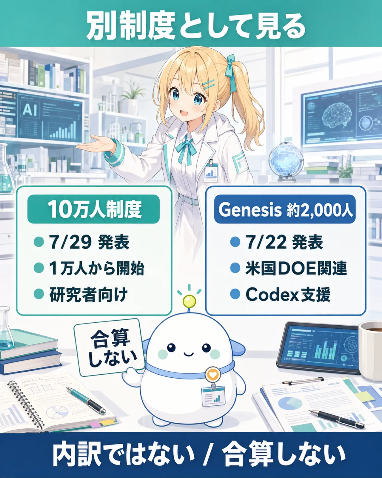 7月29日の10万人規模の研究者向け制度と、7月22日のGenesis Mission約2,000人へのCodex支援を別制度として比較する図解