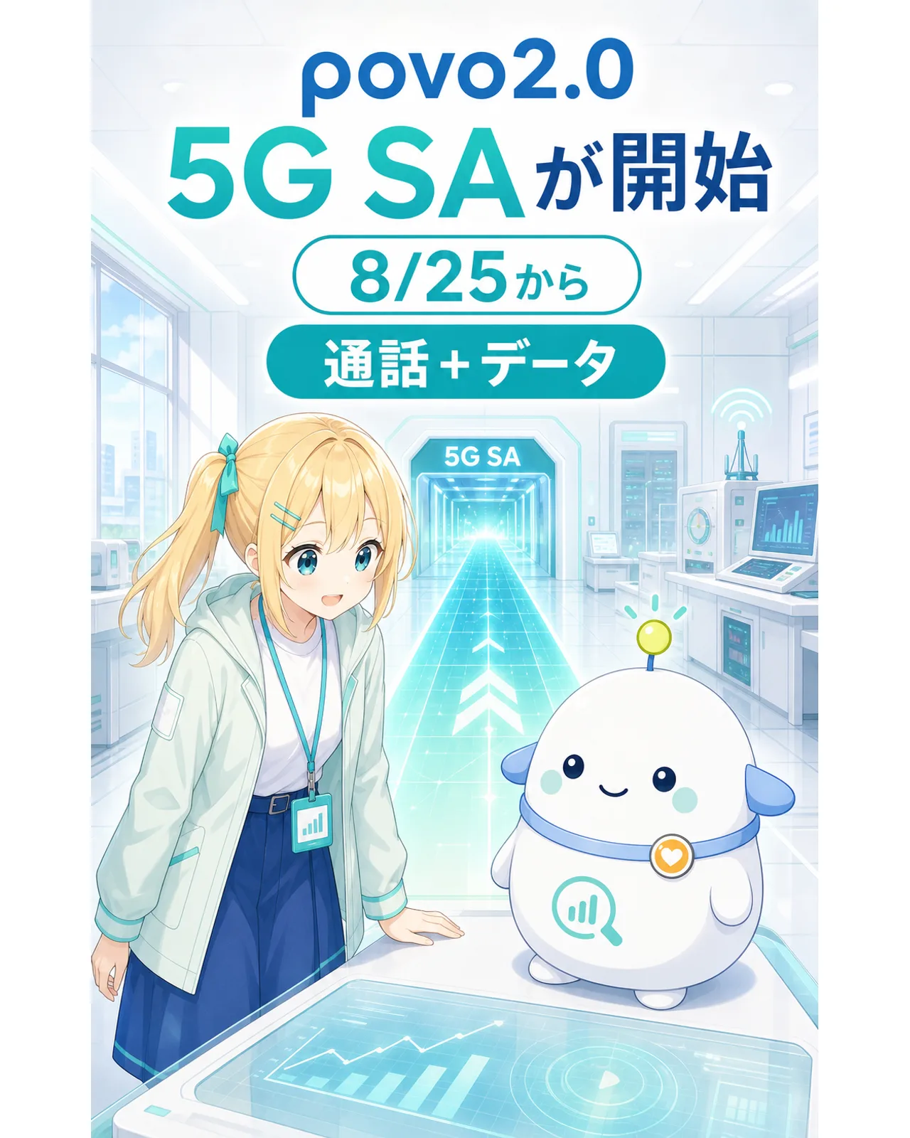 『povo2.0 5G SAが開始』『8/25から』『通話+データ』と表示された通信ラボの図解。ひまりとらぼまるが5G SAレーンを確認している