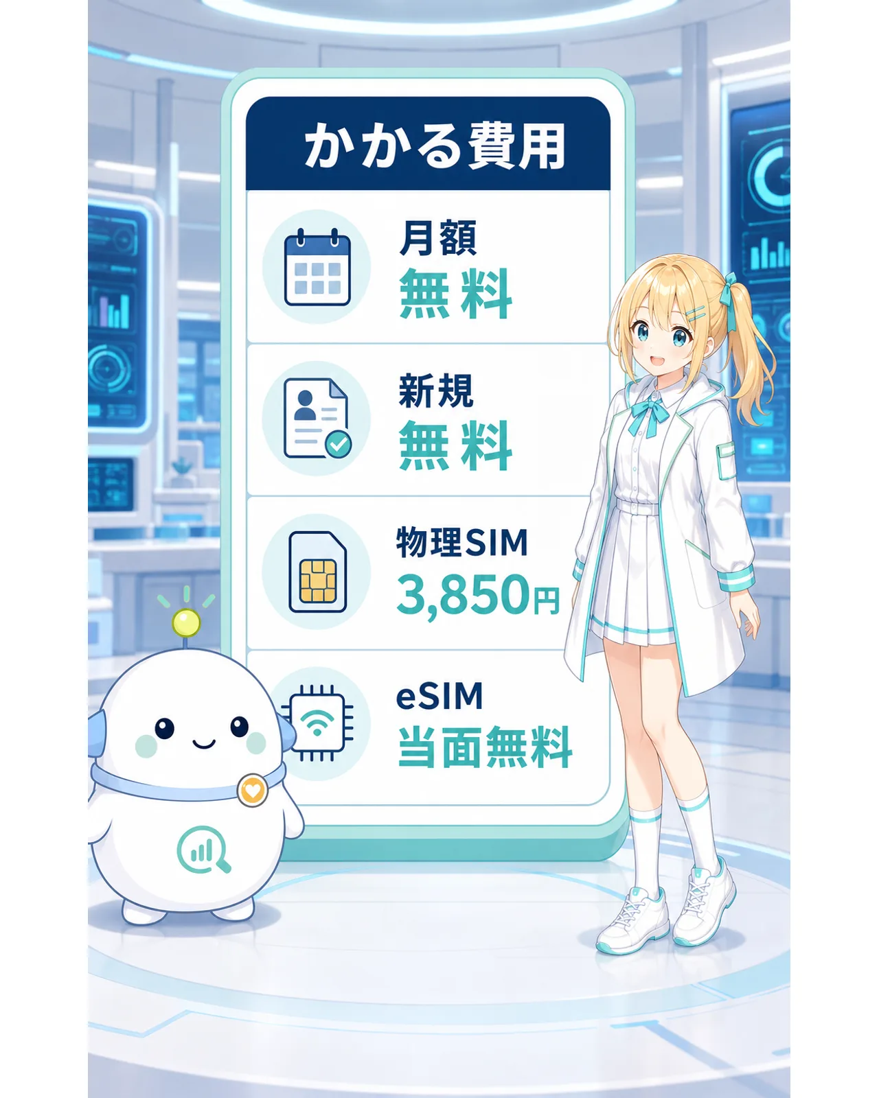 『かかる費用』として、月額無料、新規無料、物理SIM 3,850円、eSIM当面無料を整理した図解