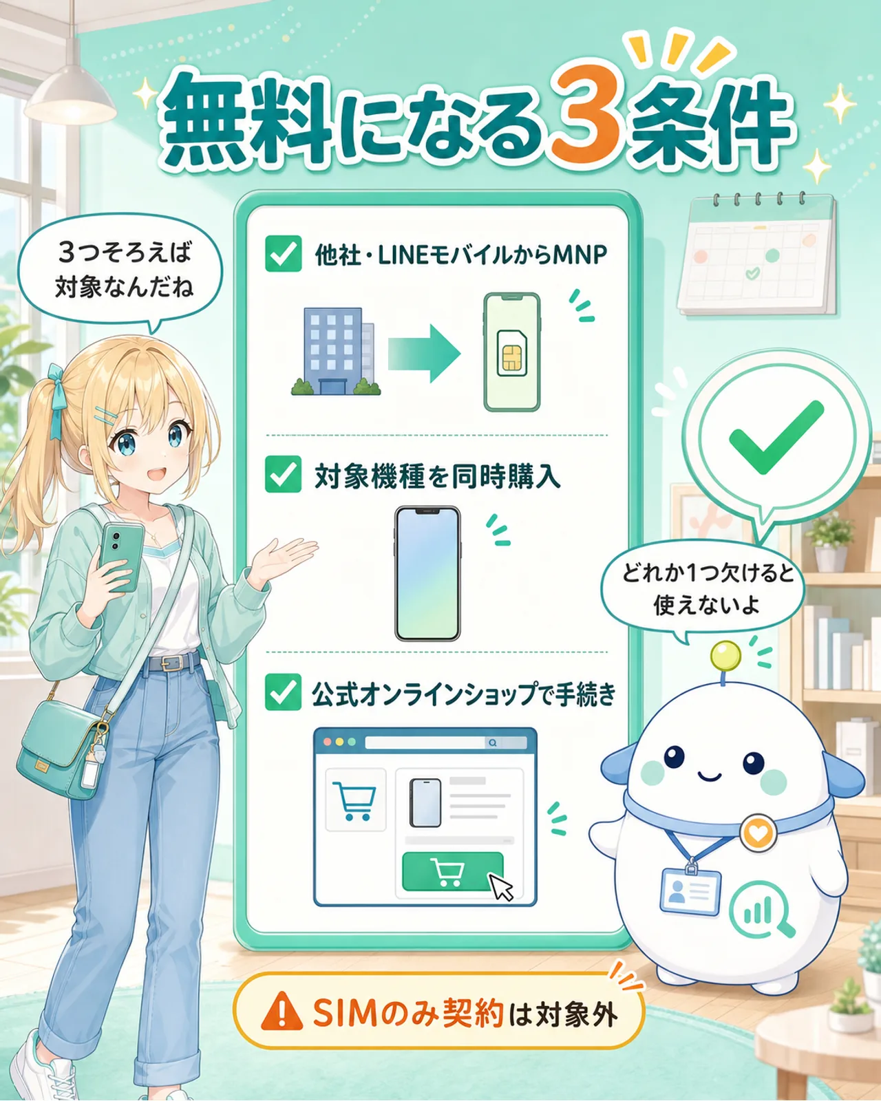 「無料になる3条件」の図解。他社・LINEモバイルからMNP、対象機種を同時購入、公式オンラインショップで手続きの3項目をチェックリストで整理し、SIMのみ契約は対象外と補足。ひまりが申し込み項目を確認し、らぼまるがチェックボードにチェックを入れる構図