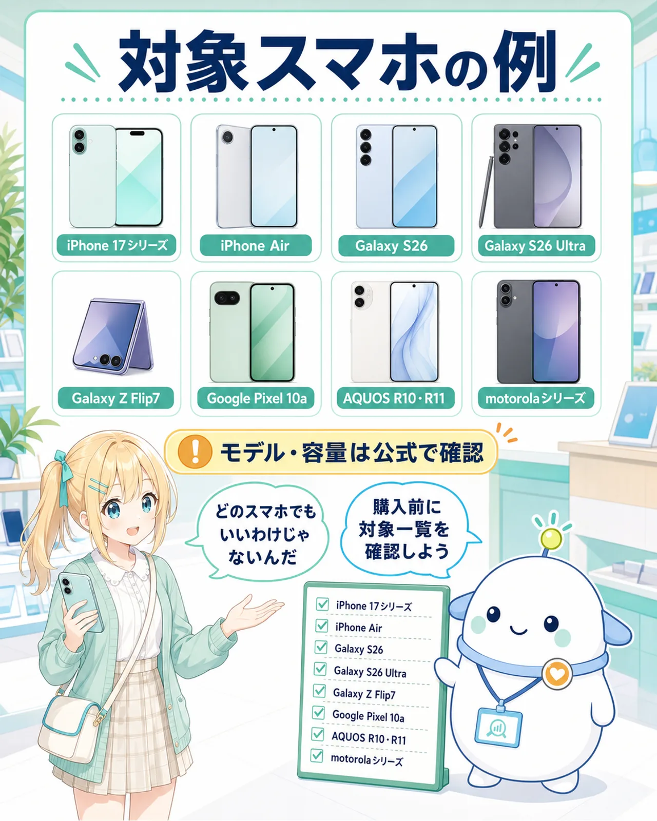 「対象スマホの例」の図解。iPhone 17シリーズ、iPhone Air、Galaxy S26、Galaxy S26 Ultra、Galaxy Z Flip7、Google Pixel 10a、AQUOS R10・R11、motorolaシリーズを機種例として並べ、モデル・容量は公式で確認と注意。ひまりが複数のスマホ候補を見比べ、らぼまるが対象機種一覧のチェックボードを確認する構図