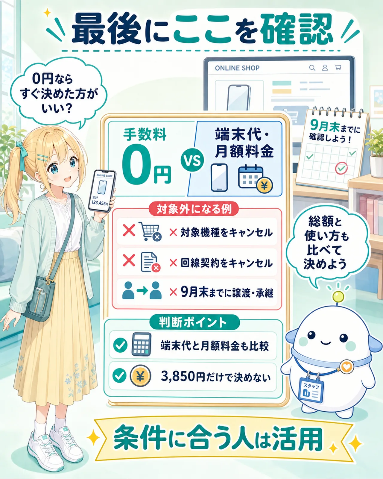 「最後にここを確認」の図解。対象機種のキャンセル、回線契約のキャンセル、9月末までの譲渡・承継を対象外の例として挙げ、端末代と月額料金も比較・3,850円だけで決めないという判断ポイントと、条件に合う人は活用というまとめを整理。ひまりがスマホ料金と端末代の合計を見比べ、らぼまるがキャンセル・名義変更・総額比較の3点をチェックする構図
