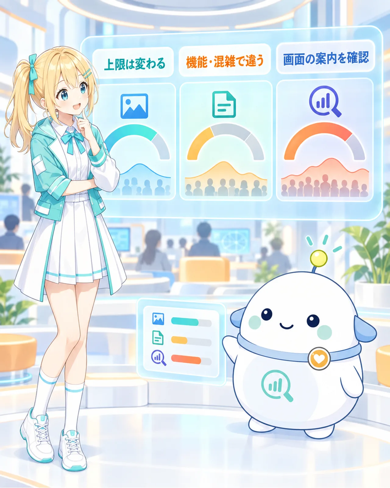 無料版の利用枠が機能や混雑で変わり画面の案内を確認することを示す図