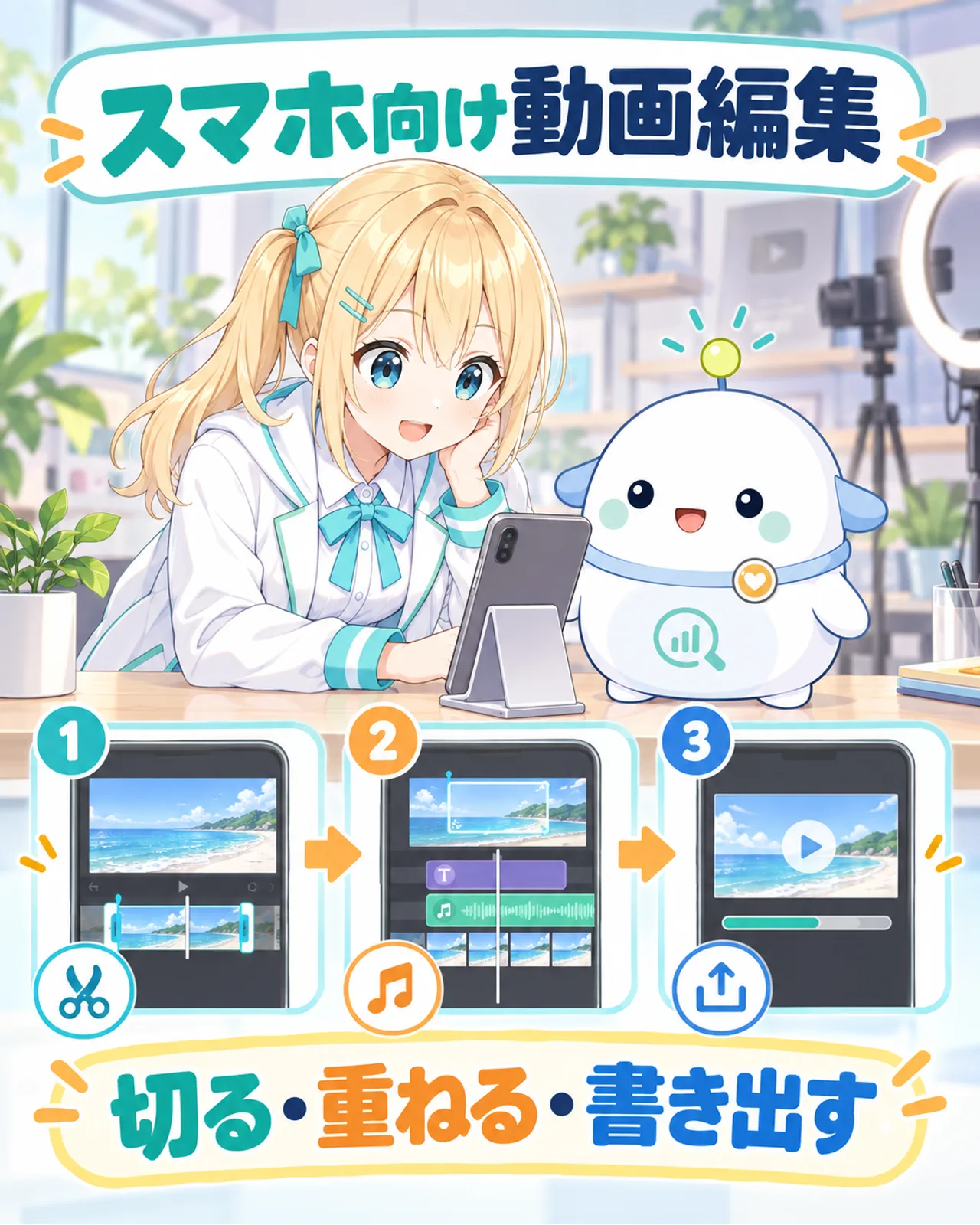 スマホ向け動画編集アプリで、素材を切る、重ねる、書き出す3つの工程を示す図解