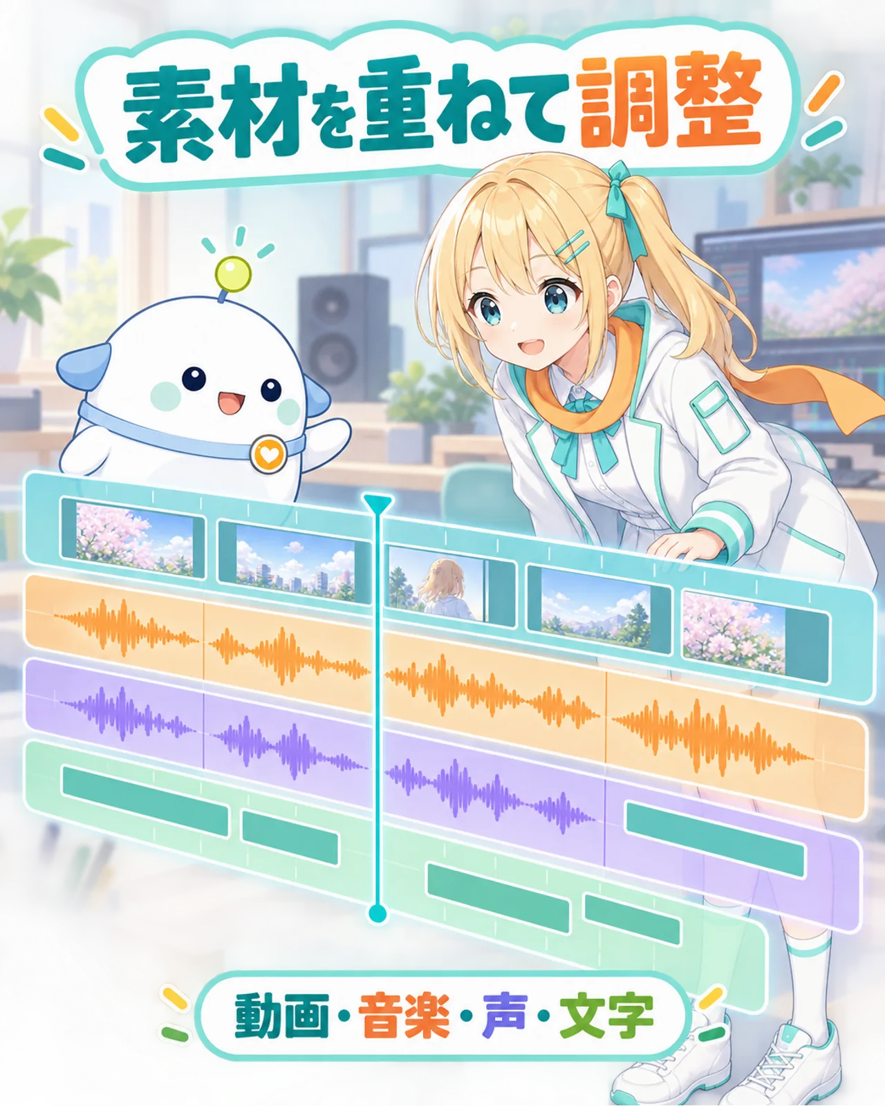 動画、音楽、声、文字を複数の層に重ねて同じ時間軸で調整するマルチトラックの図解
