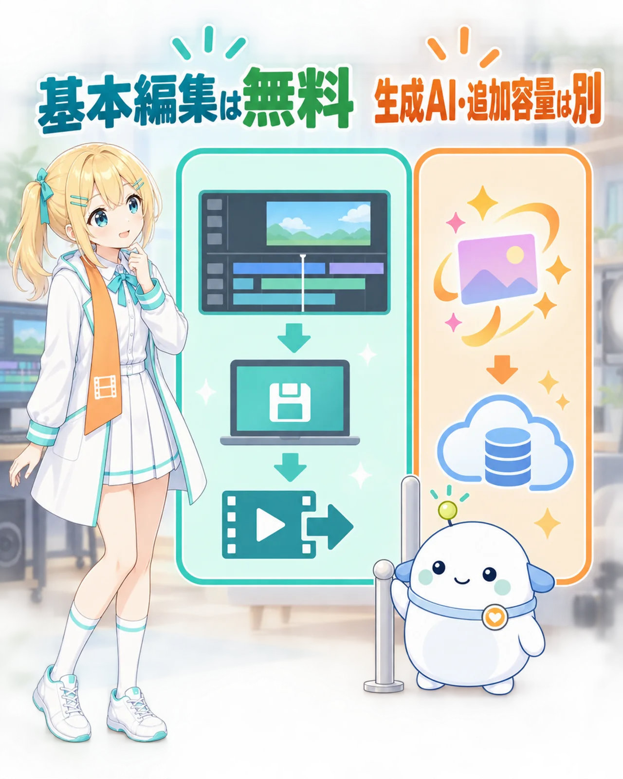 基本編集は無料で、生成AIや追加容量は別の利用条件になることを示す図解