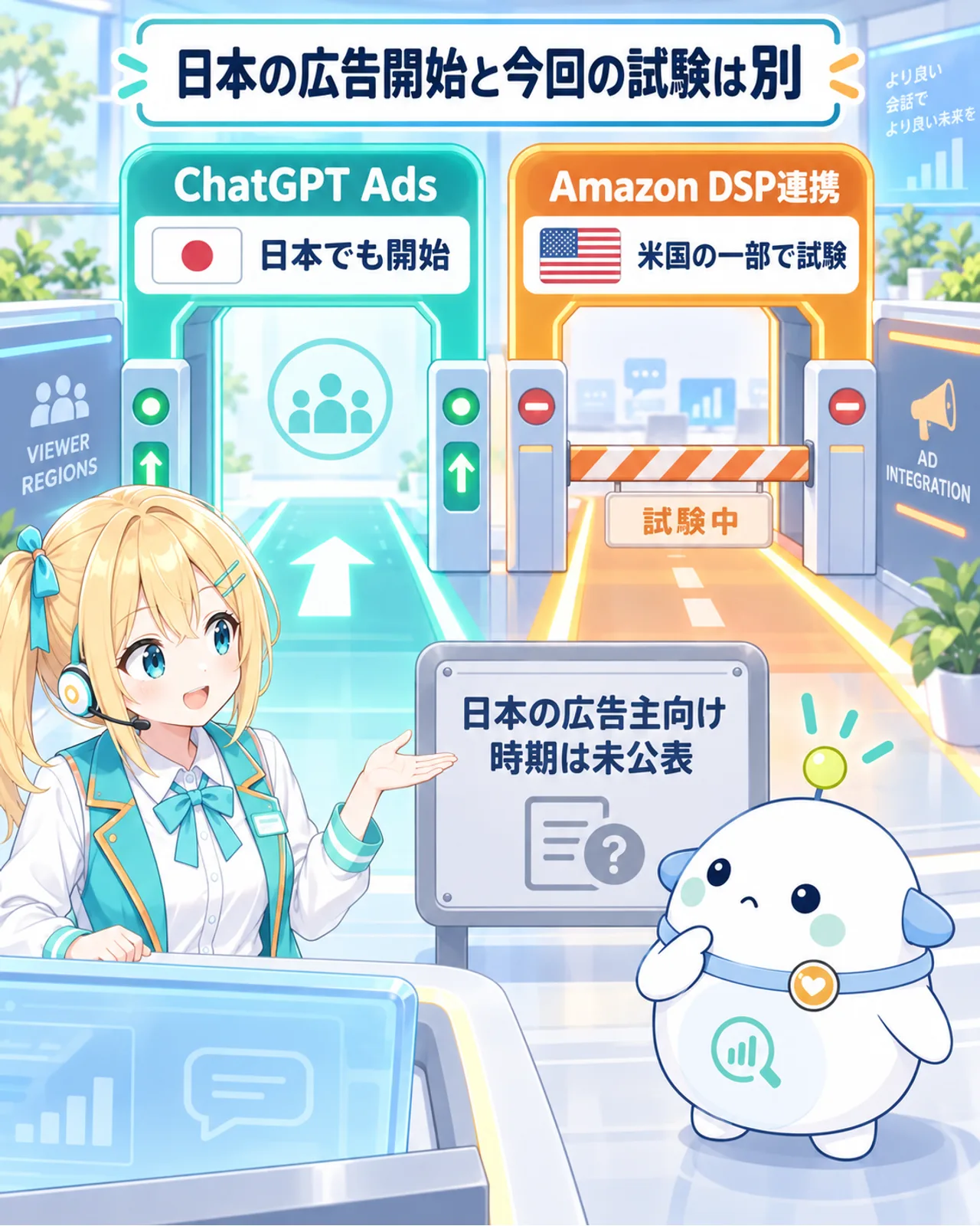 ChatGPT Adsは日本でも開始した一方、Amazon DSP連携は米国の一部広告主で試験中で、日本広告主向け時期は未公表と示す図