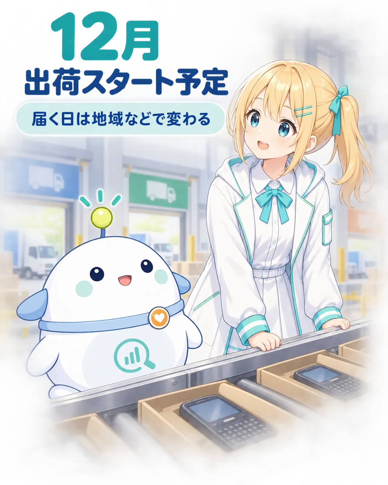12月に出荷開始予定だが、届く日は地域などで変わることを配送レーンで示す図解